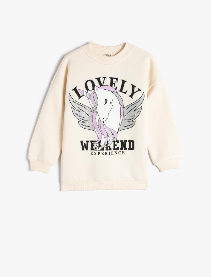 Kız Çocuk Sweatshirt Unicorn Baskılı Bisiklet Yaka Uzun Kollu Şardonlu