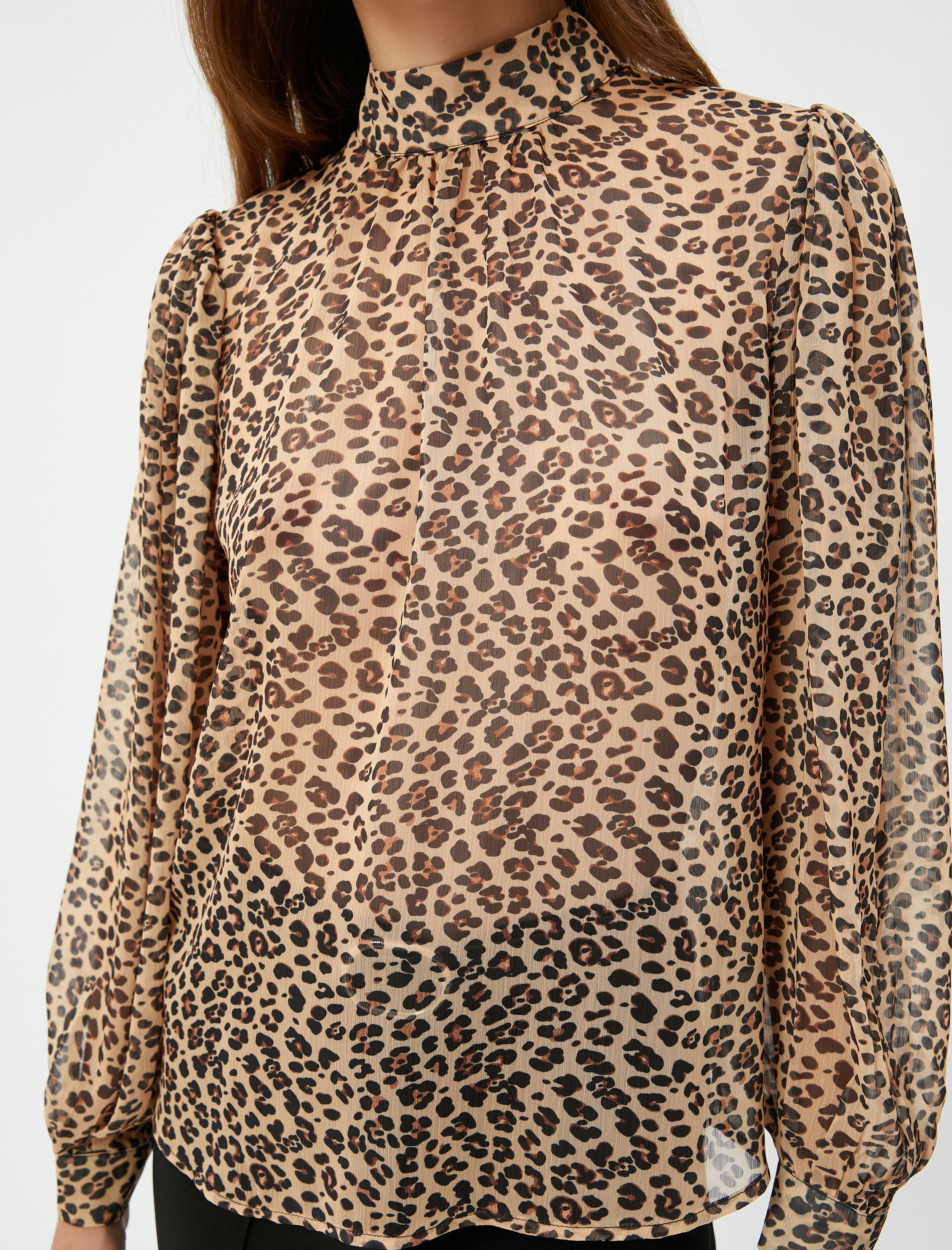   Şifon Bluz Hakim Yaka Balon Kollu Leopar Desenli