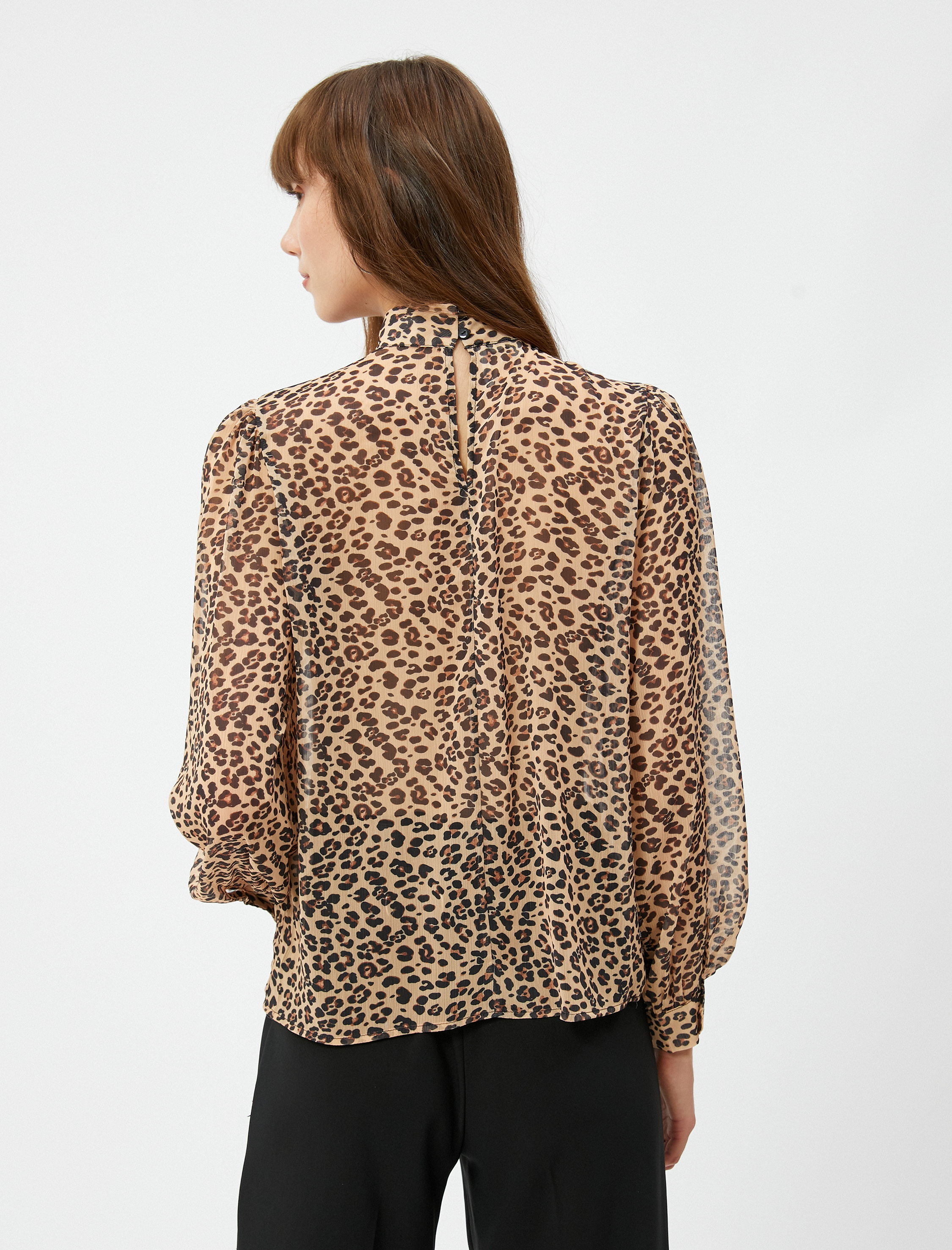   Şifon Bluz Hakim Yaka Balon Kollu Leopar Desenli