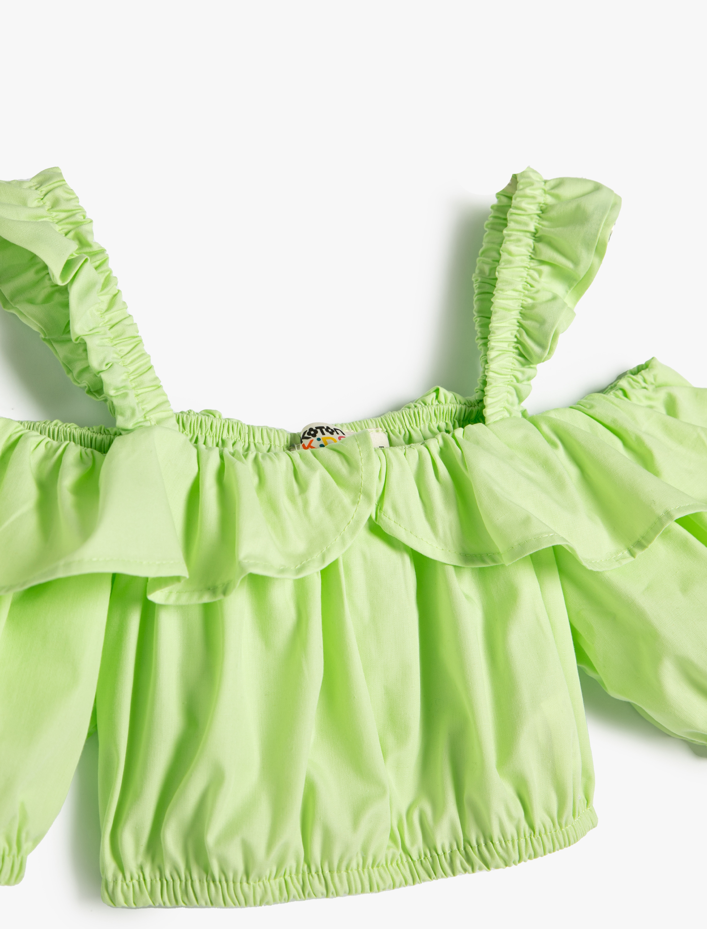  Kız Çocuk Crop Bluz Balon Kollu Fırfırlı Askılı Volanlı Pamuklu