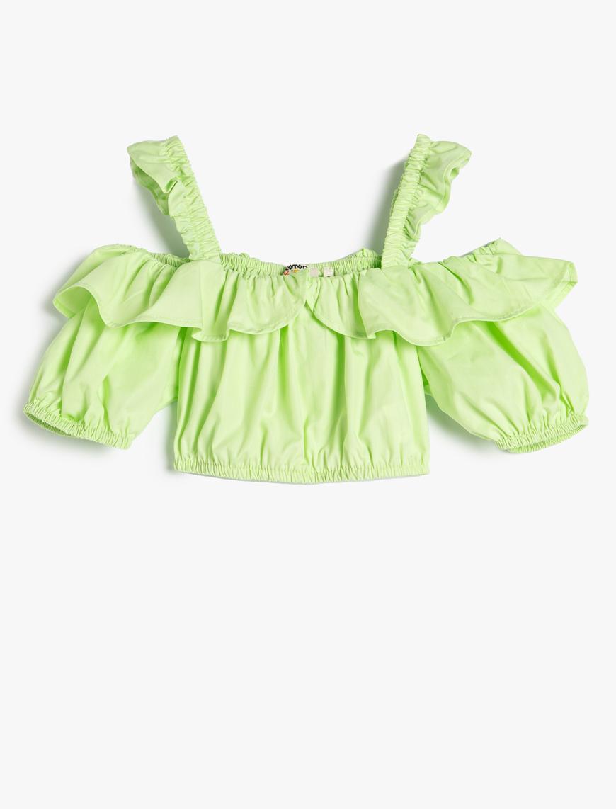  Kız Çocuk Crop Bluz Balon Kollu Fırfırlı Askılı Volanlı Pamuklu