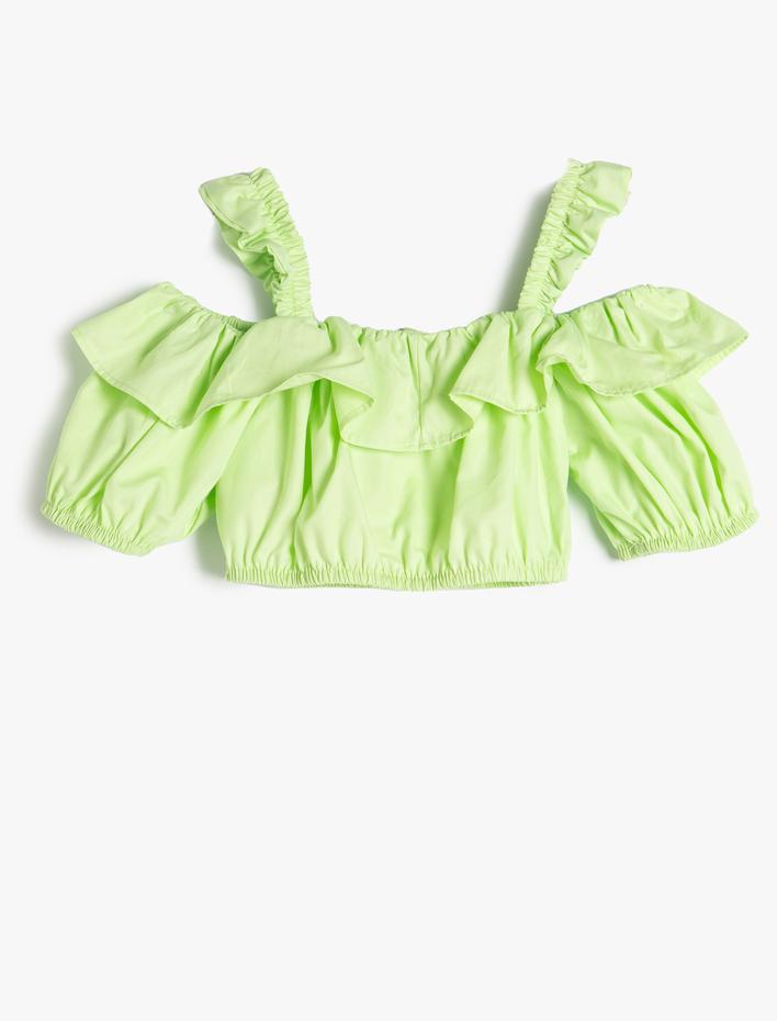 Kız Çocuk Crop Bluz Balon Kollu Fırfırlı Askılı Volanlı Pamuklu