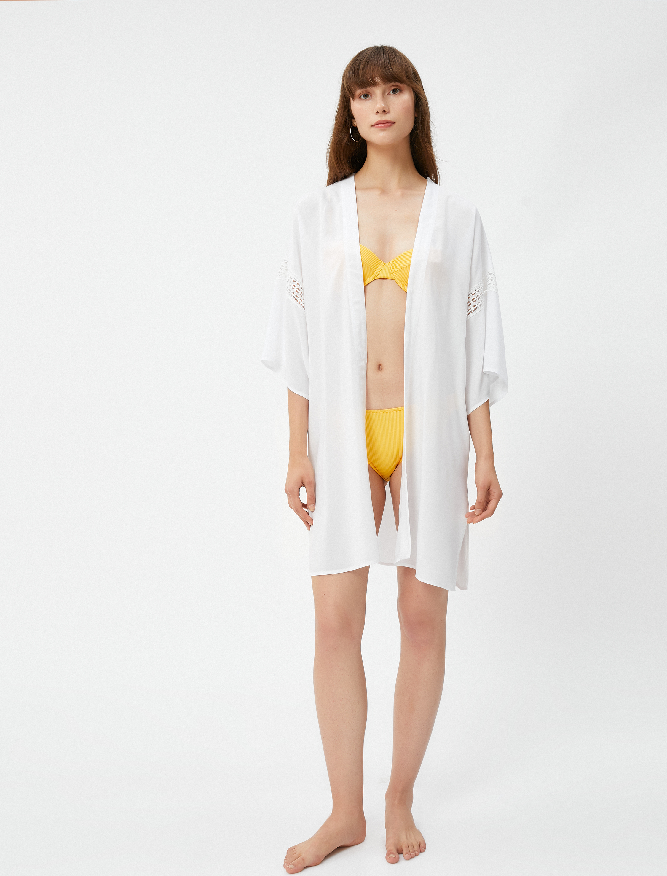   Kimono Pamuklu 3/4 Geniş Kollu Dantel Detaylı