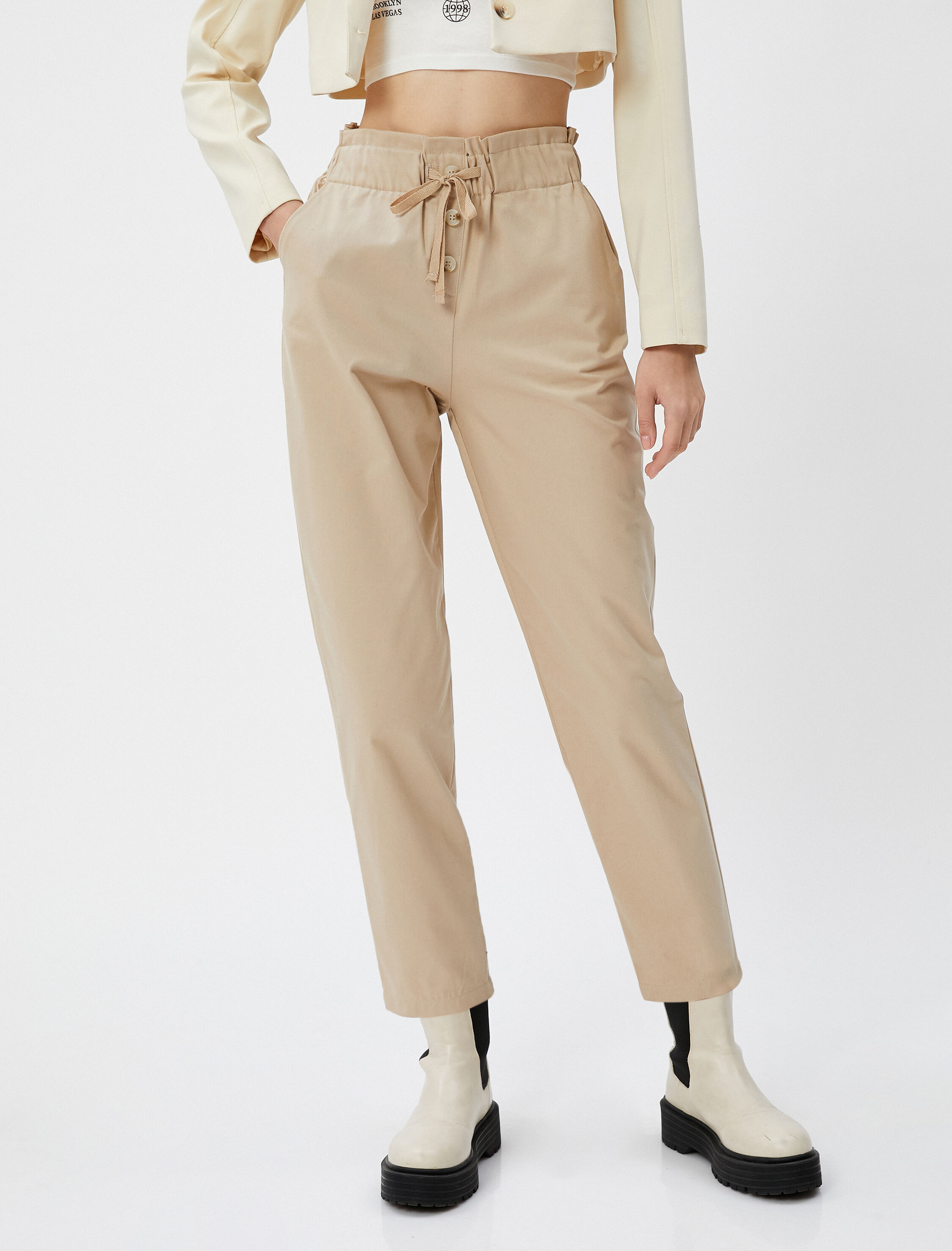   Havuç Pantolon Beli Lastikli Bağlamalı Gabardin Kumaş Cepli