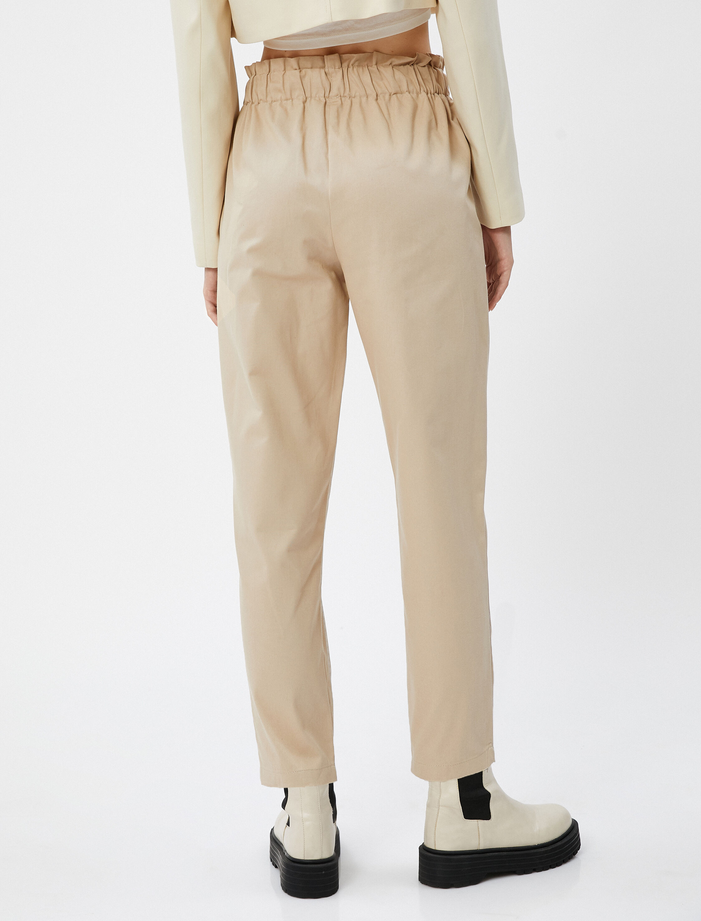   Havuç Pantolon Beli Lastikli Bağlamalı Gabardin Kumaş Cepli