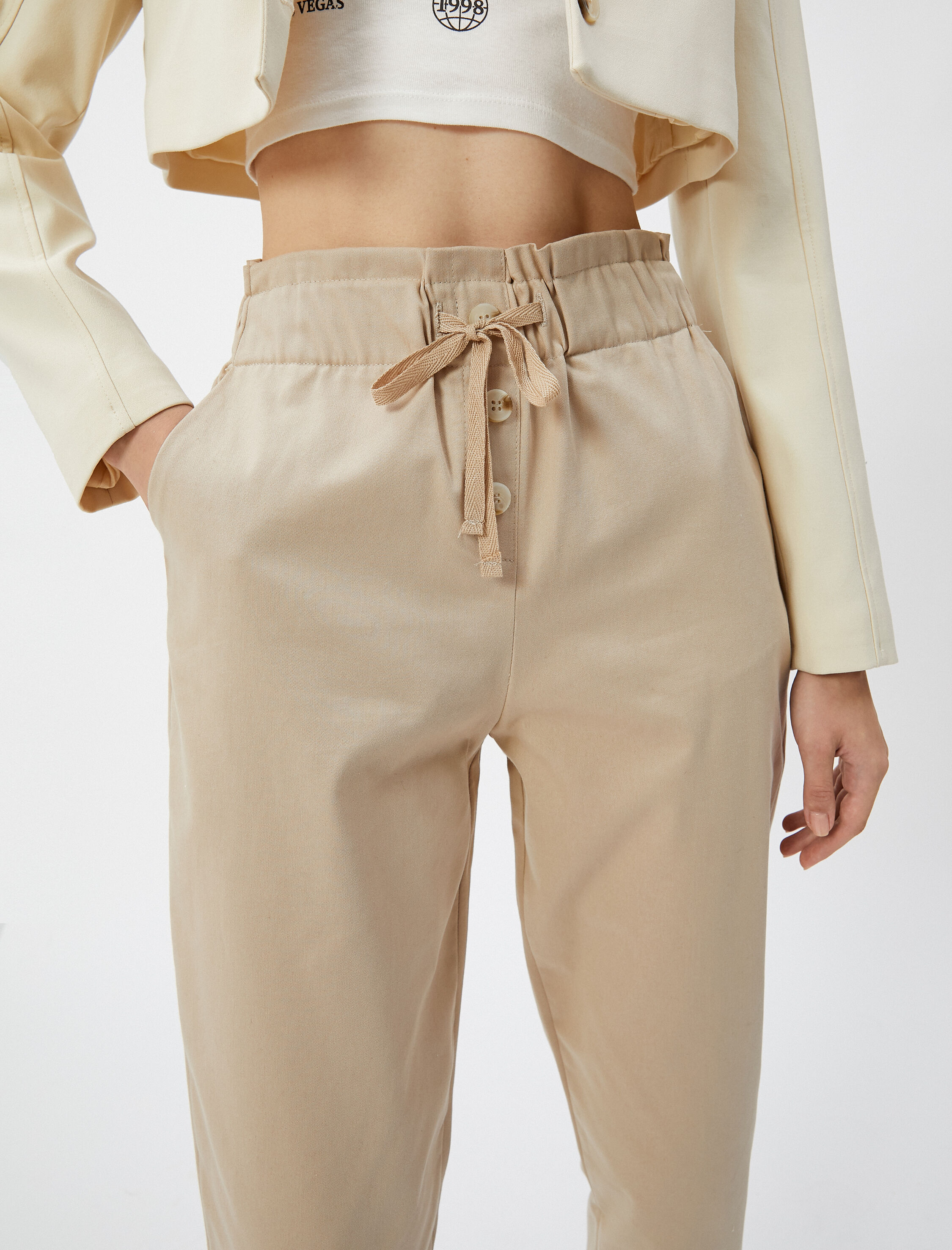   Havuç Pantolon Beli Lastikli Bağlamalı Gabardin Kumaş Cepli