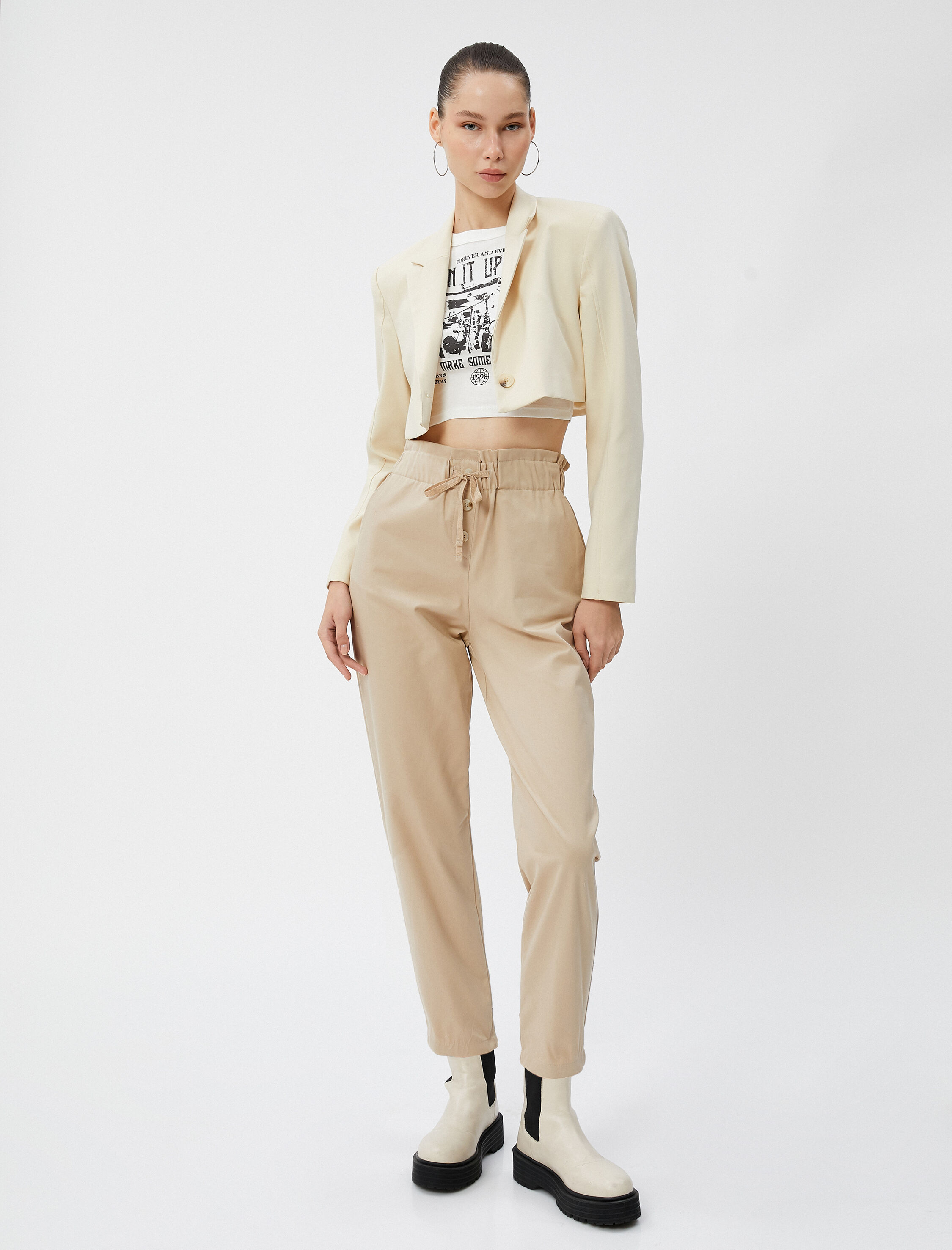   Havuç Pantolon Beli Lastikli Bağlamalı Gabardin Kumaş Cepli