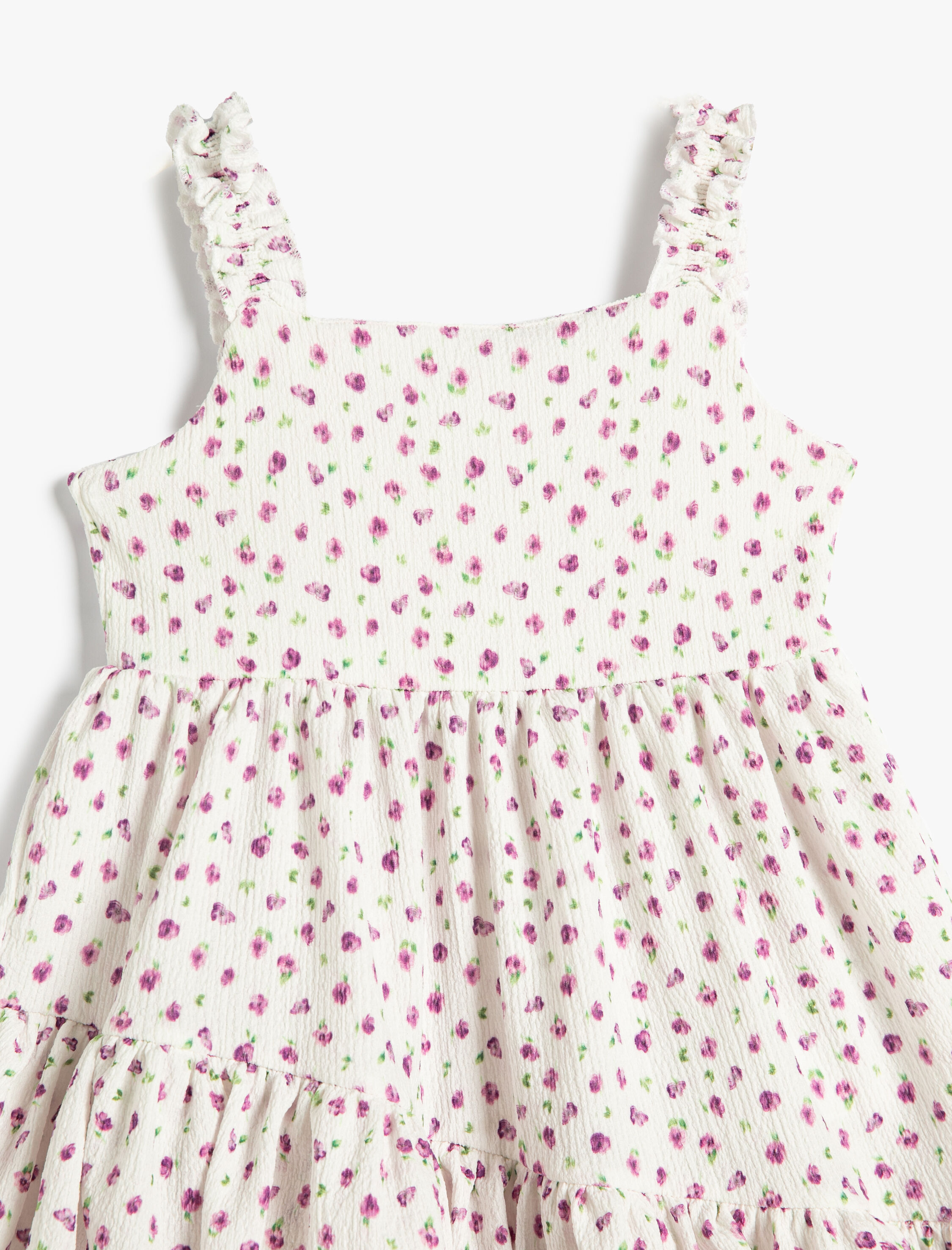  Kız Çocuk Çiçekli Elbise Askılı Fırfır Detaylı Dokulu Piliseli