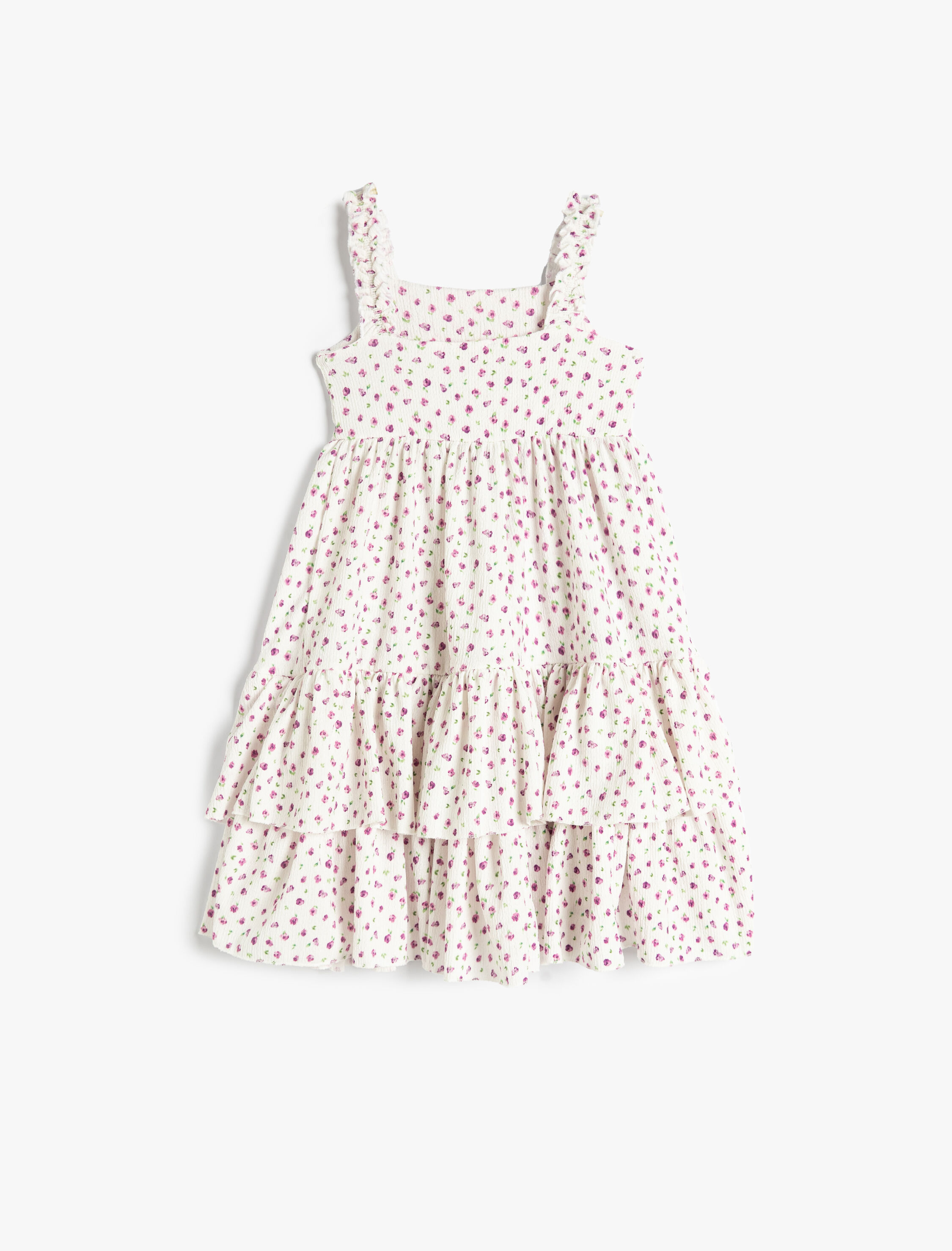  Kız Çocuk Çiçekli Elbise Askılı Fırfır Detaylı Dokulu Piliseli