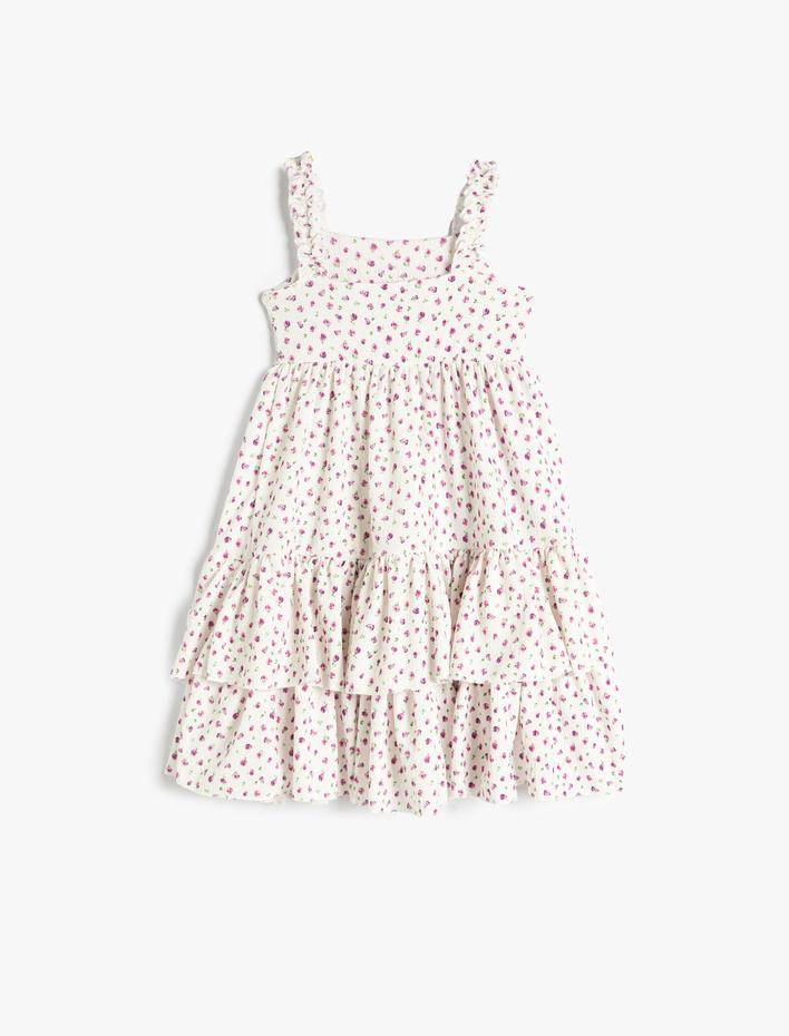 Kız Çocuk Çiçekli Elbise Askılı Fırfır Detaylı Dokulu Piliseli