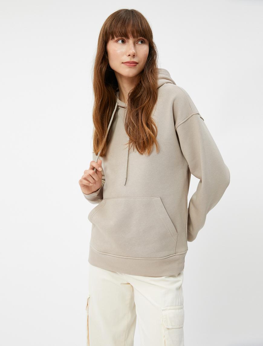   Kapüşonlu Sweatshirt Kanguru Cepli Uzun Kollu Basic
