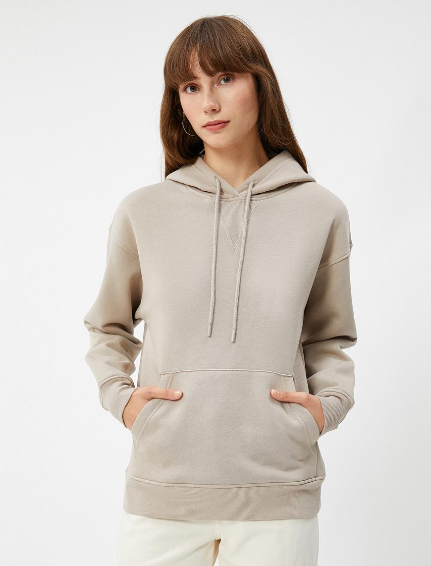   Kapüşonlu Sweatshirt Kanguru Cepli Uzun Kollu Basic