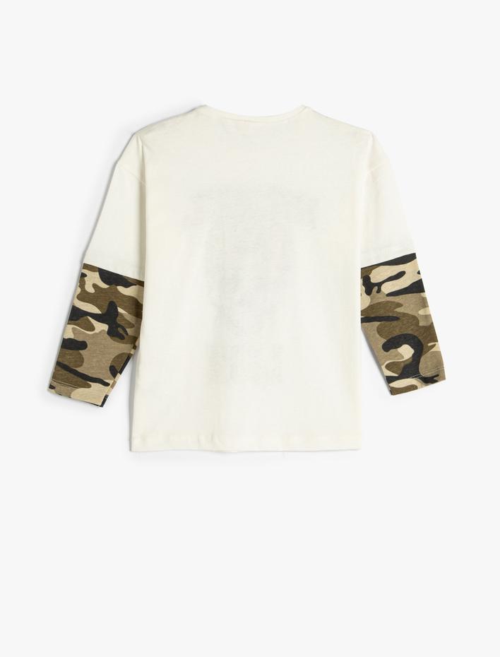 Erkek Çocuk Tişört Kuru Kafa Baskılı Kamuflaj Detaylı Uzun Kollu Bisiklet Yaka Pamuklu