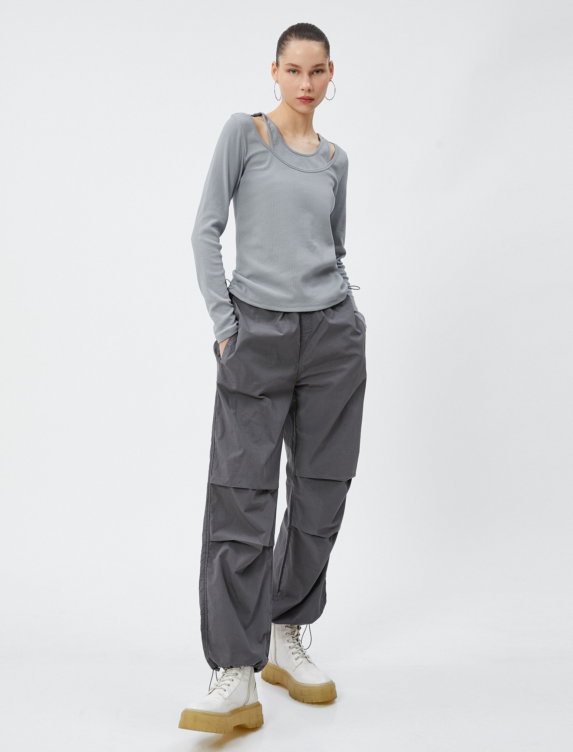   Uzun Kollu Tişört Fitilli Yuvarlak Çift Yaka