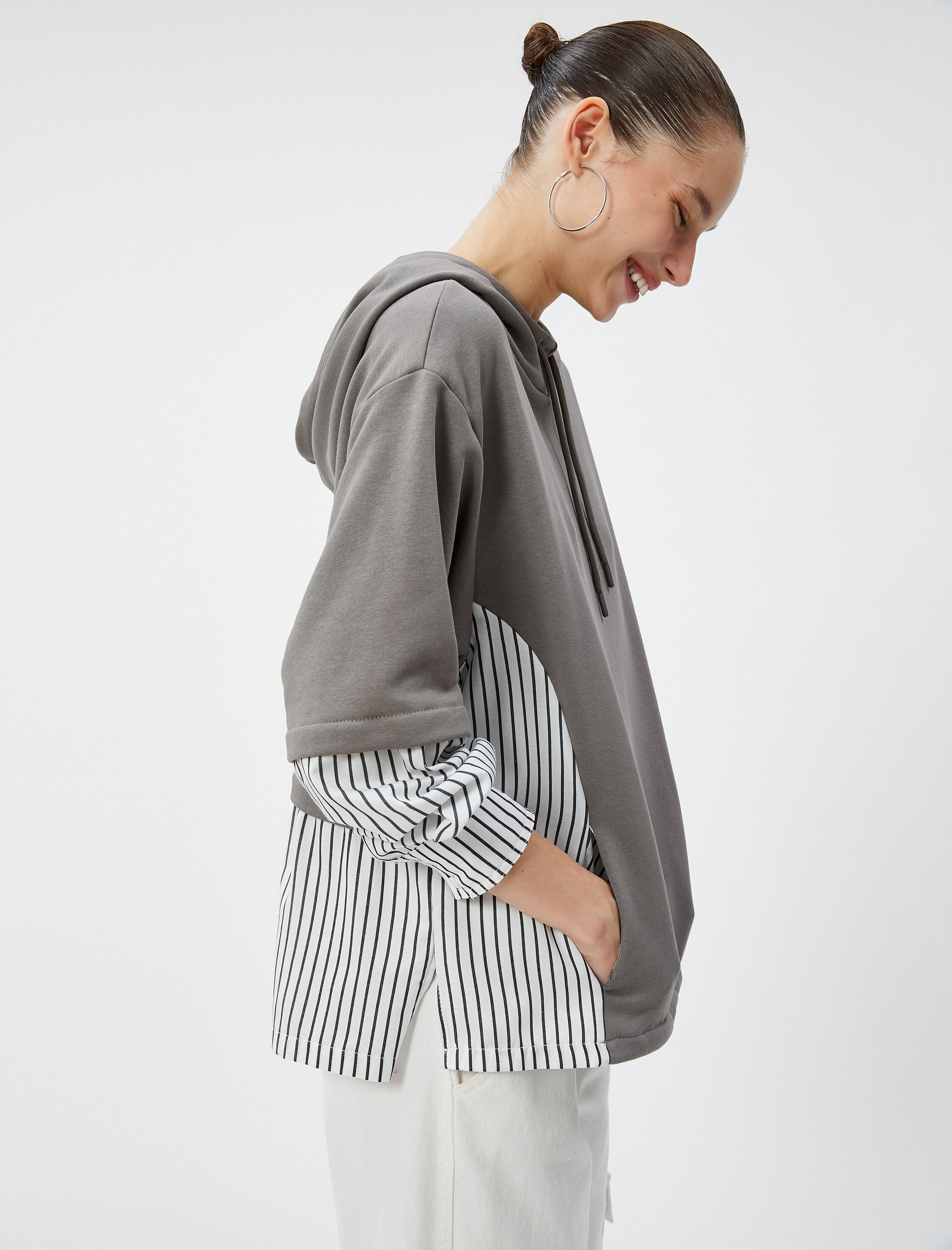   Kapşonlu Çizgili Sweatshirt Çift Kumaş Manşetli Pamuk Karışımlı