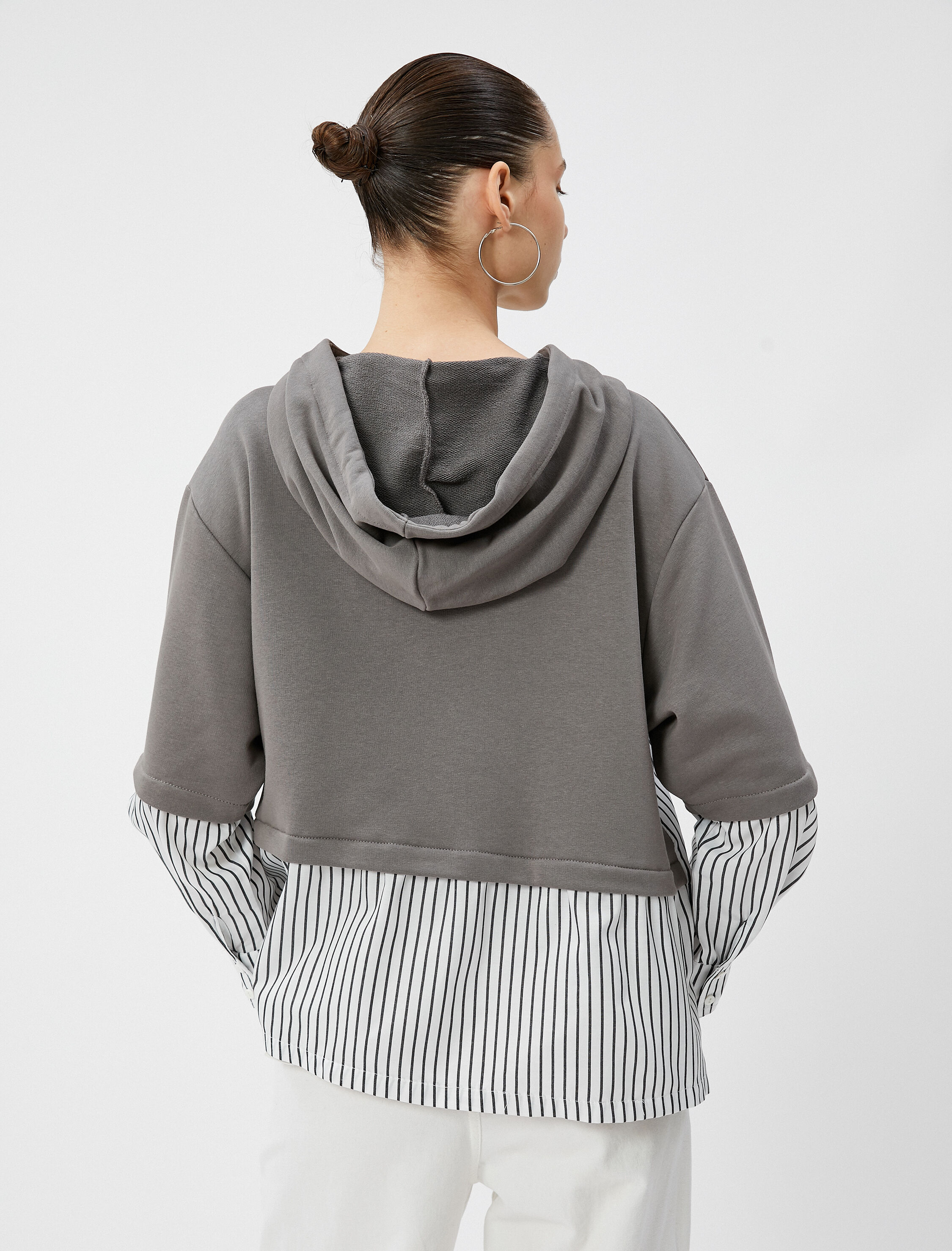   Kapşonlu Çizgili Sweatshirt Çift Kumaş Manşetli Pamuk Karışımlı