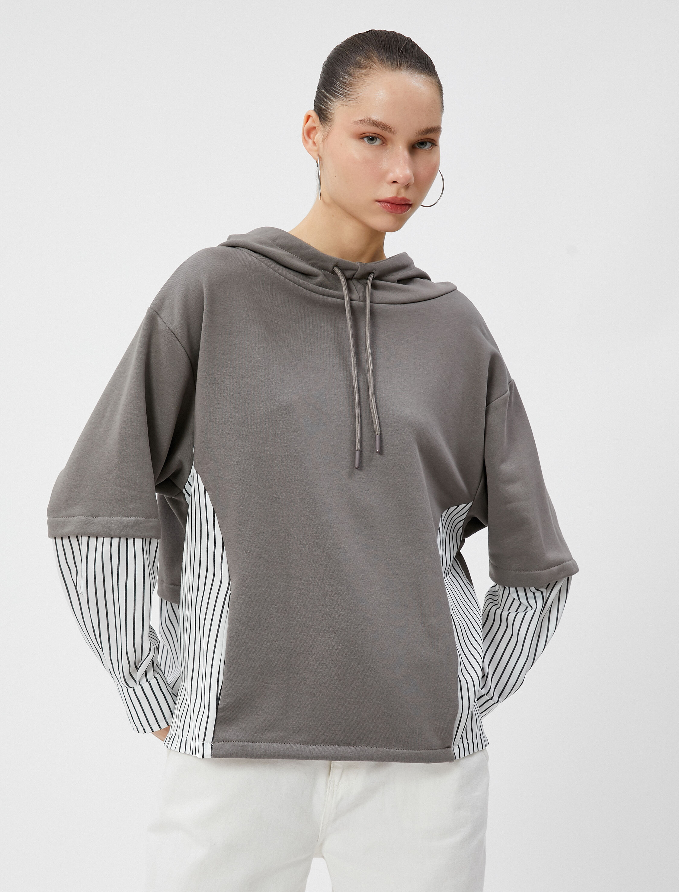   Kapşonlu Çizgili Sweatshirt Çift Kumaş Manşetli Pamuk Karışımlı