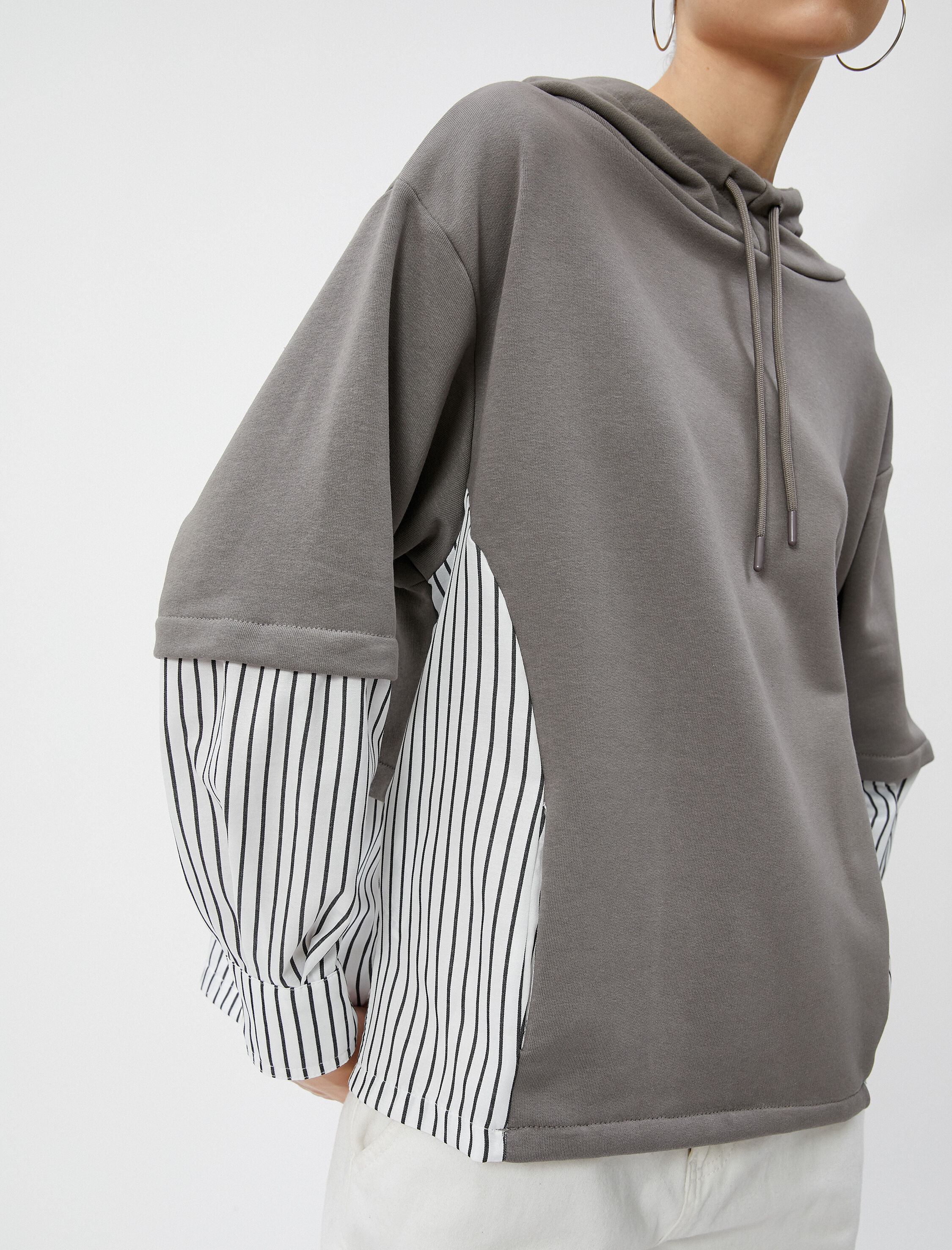   Kapşonlu Çizgili Sweatshirt Çift Kumaş Manşetli Pamuk Karışımlı