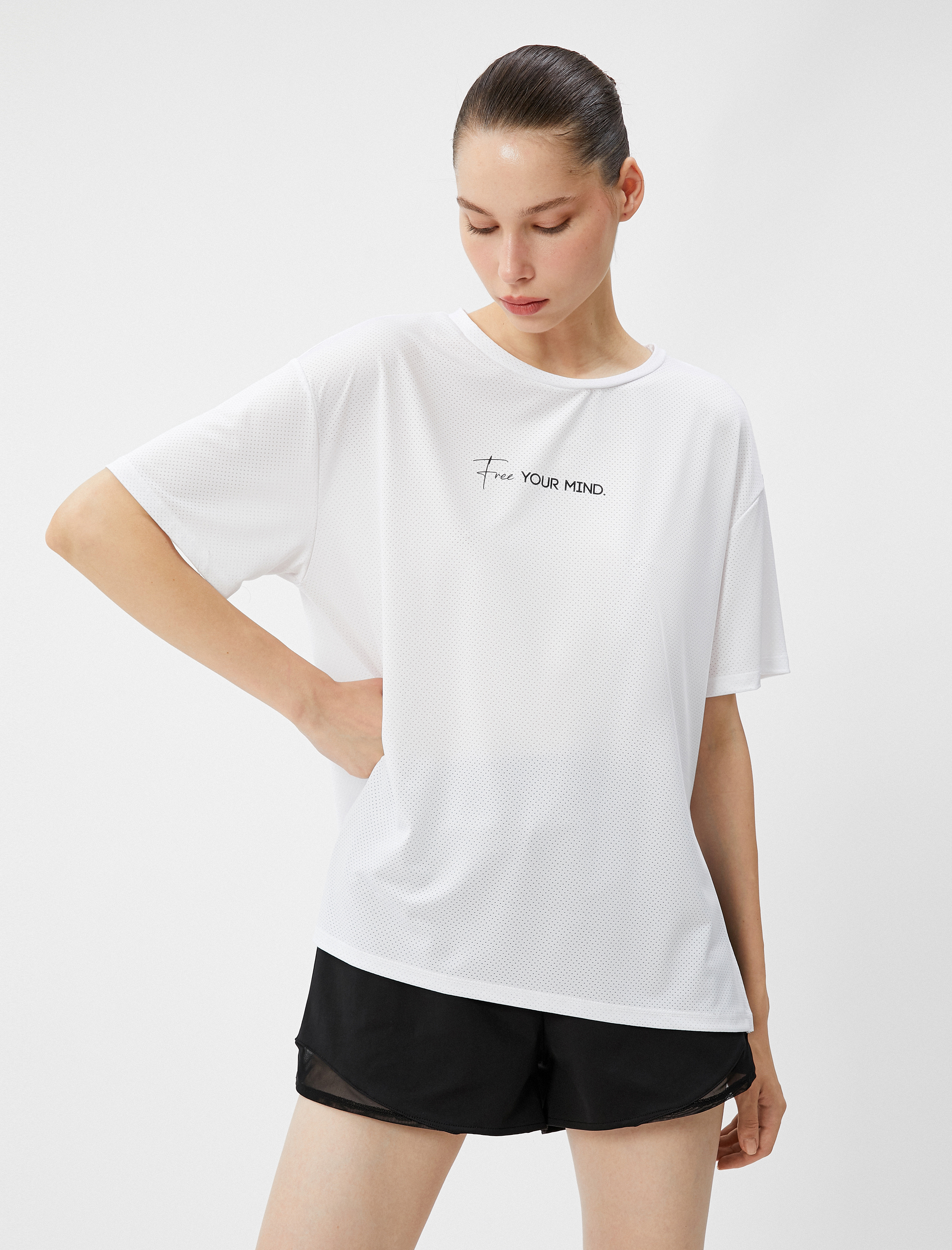   Oversize Spor Tişört Kısa Kollu Bisiklet Yaka Slogan Baskılı