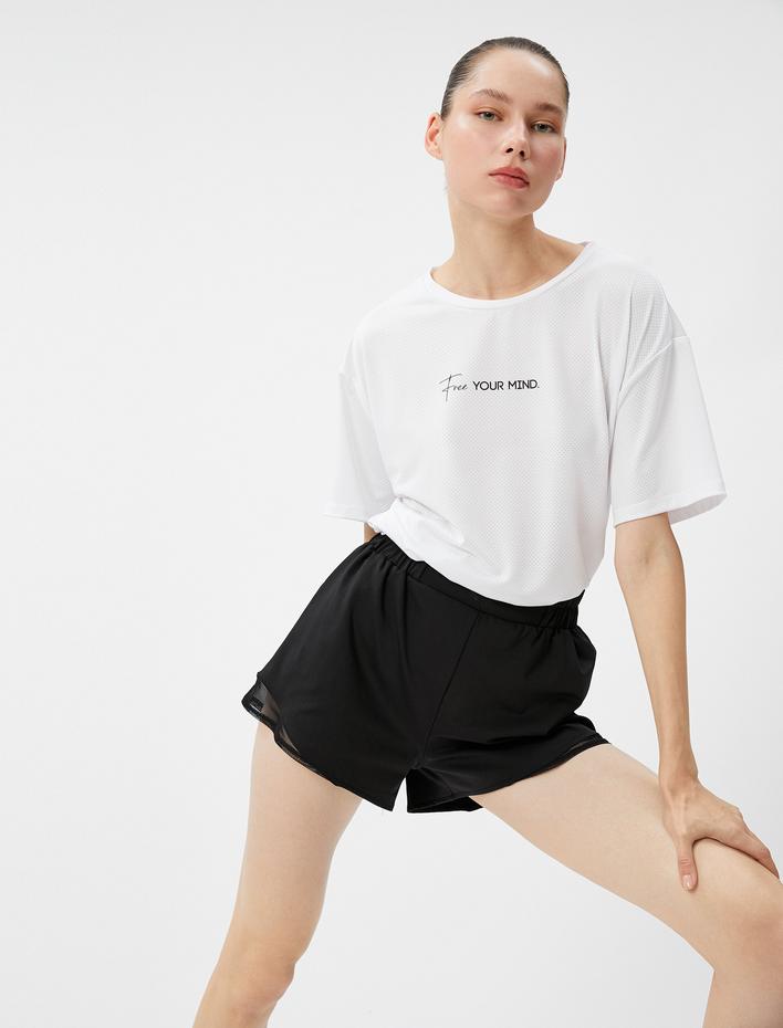  Oversize Spor Tişört Kısa Kollu Bisiklet Yaka Slogan Baskılı