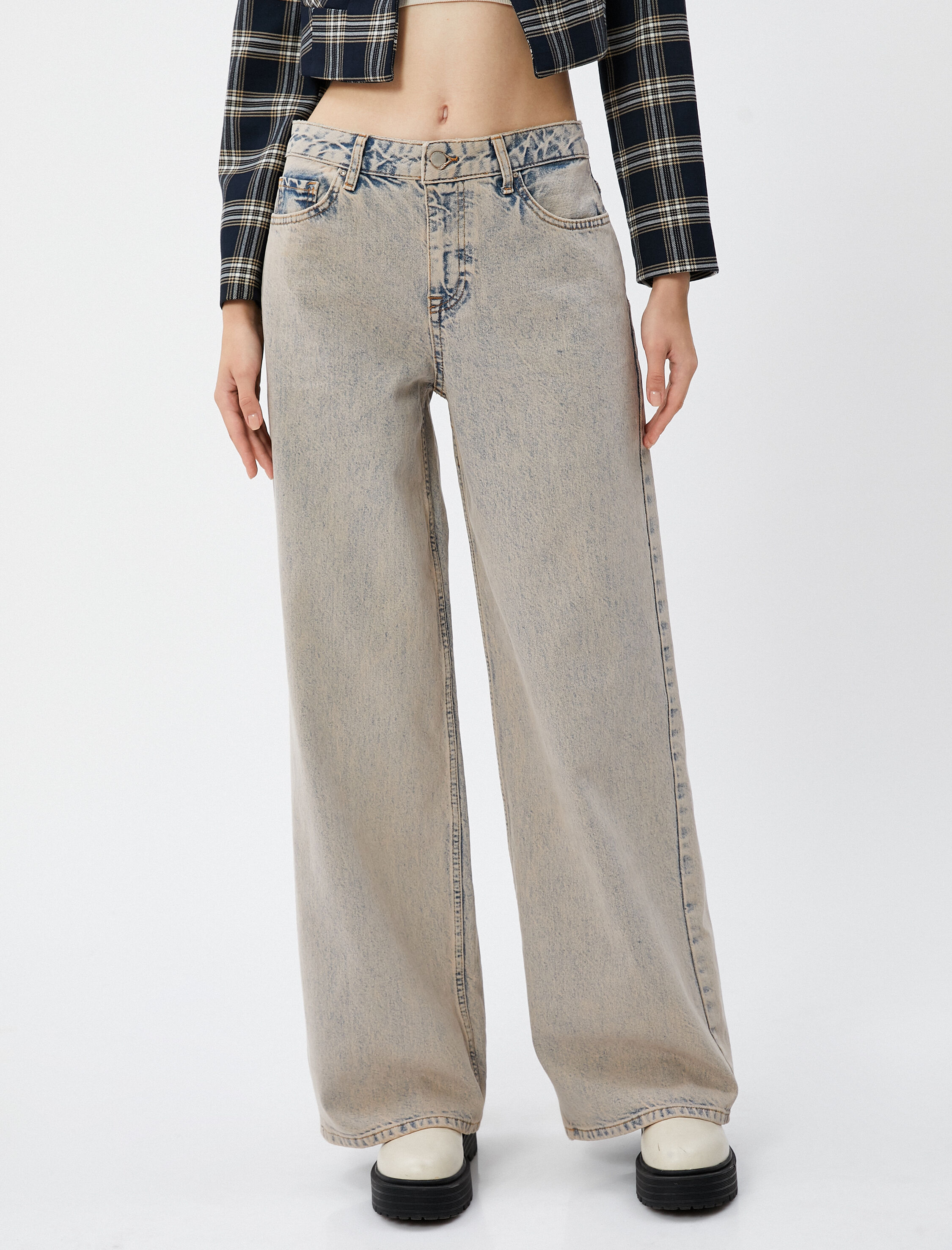   Geniş Paça Kot Pantolon Yüksek Bel Cepli Pamuklu - Loose Jean