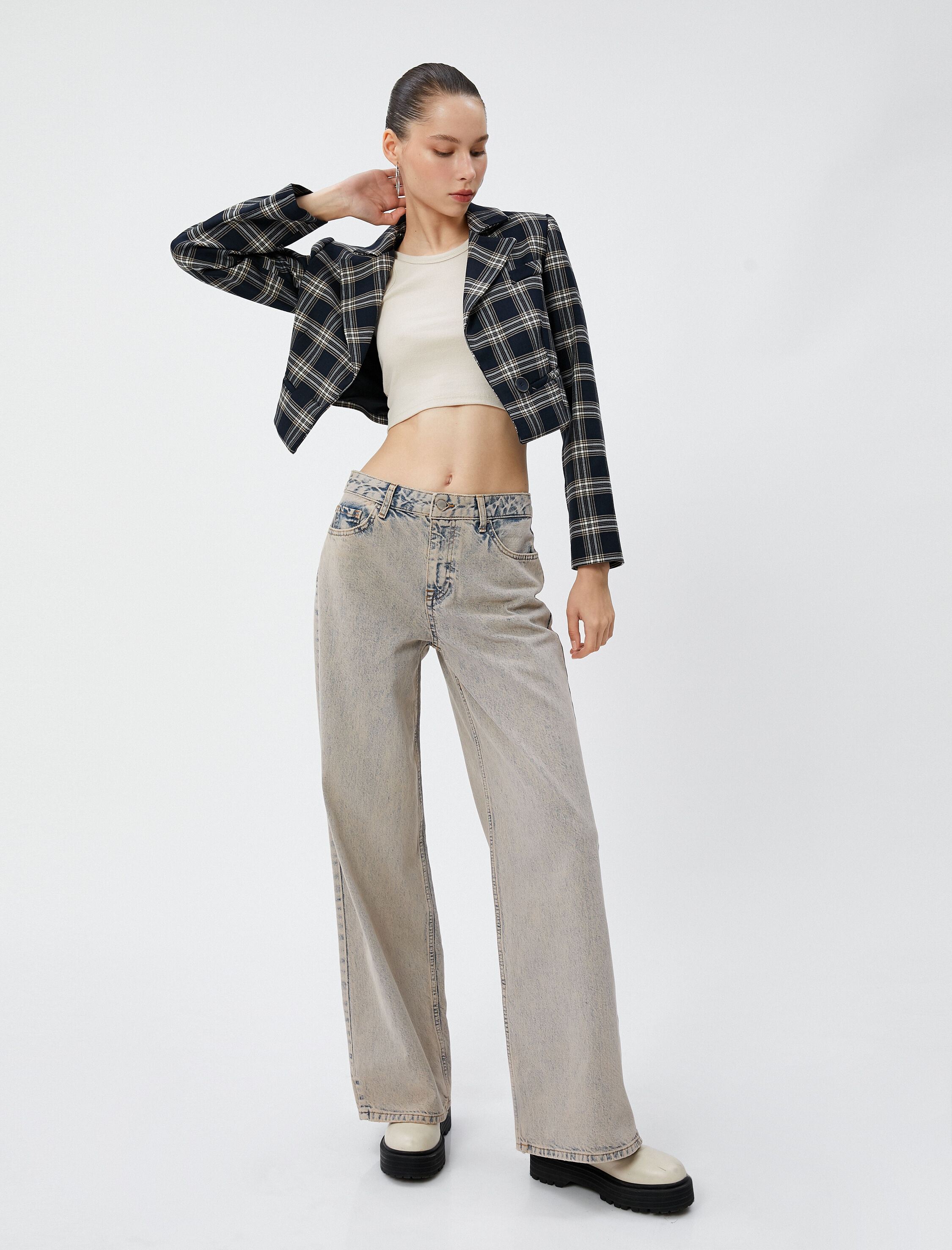   Geniş Paça Kot Pantolon Yüksek Bel Cepli Pamuklu - Loose Jean