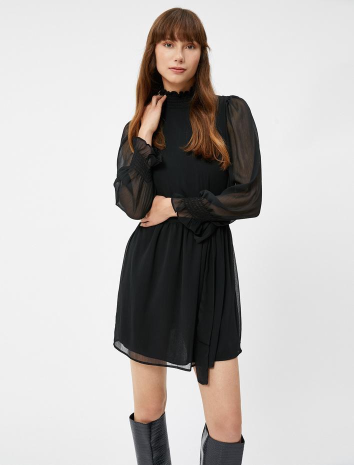  Mini Şifon Elbise Balon Kollu Gipeli Dik Yaka Astarlı