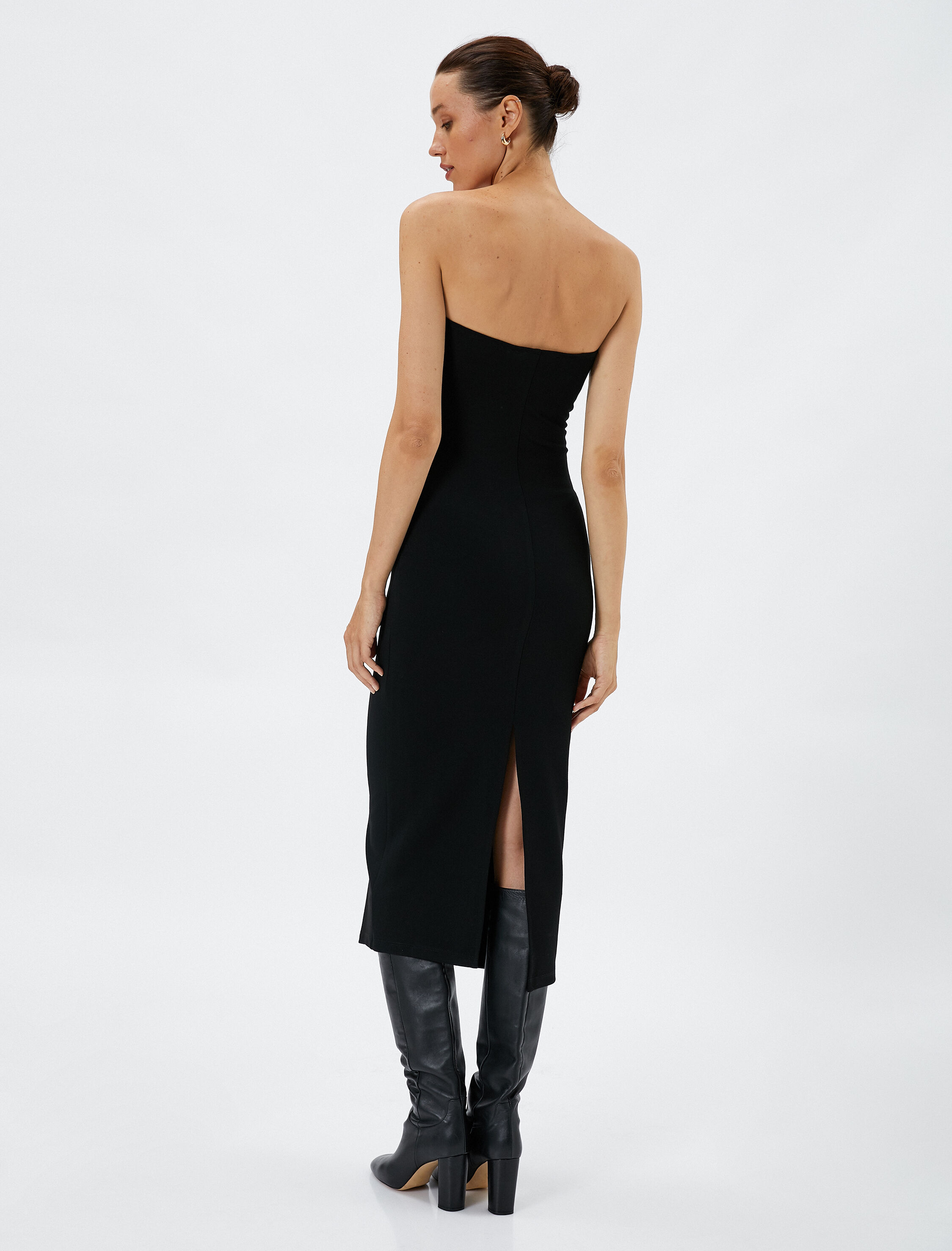   Midi Straplez Elbise Viskon Karışımlı Yırtmaç Detaylı