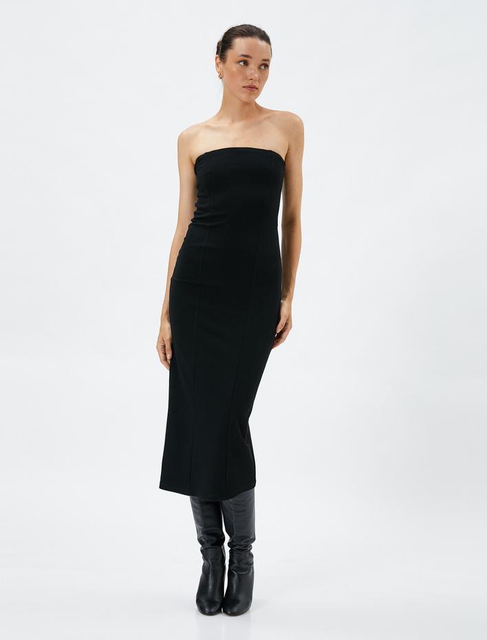  Midi Straplez Elbise Viskon Karışımlı Yırtmaç Detaylı