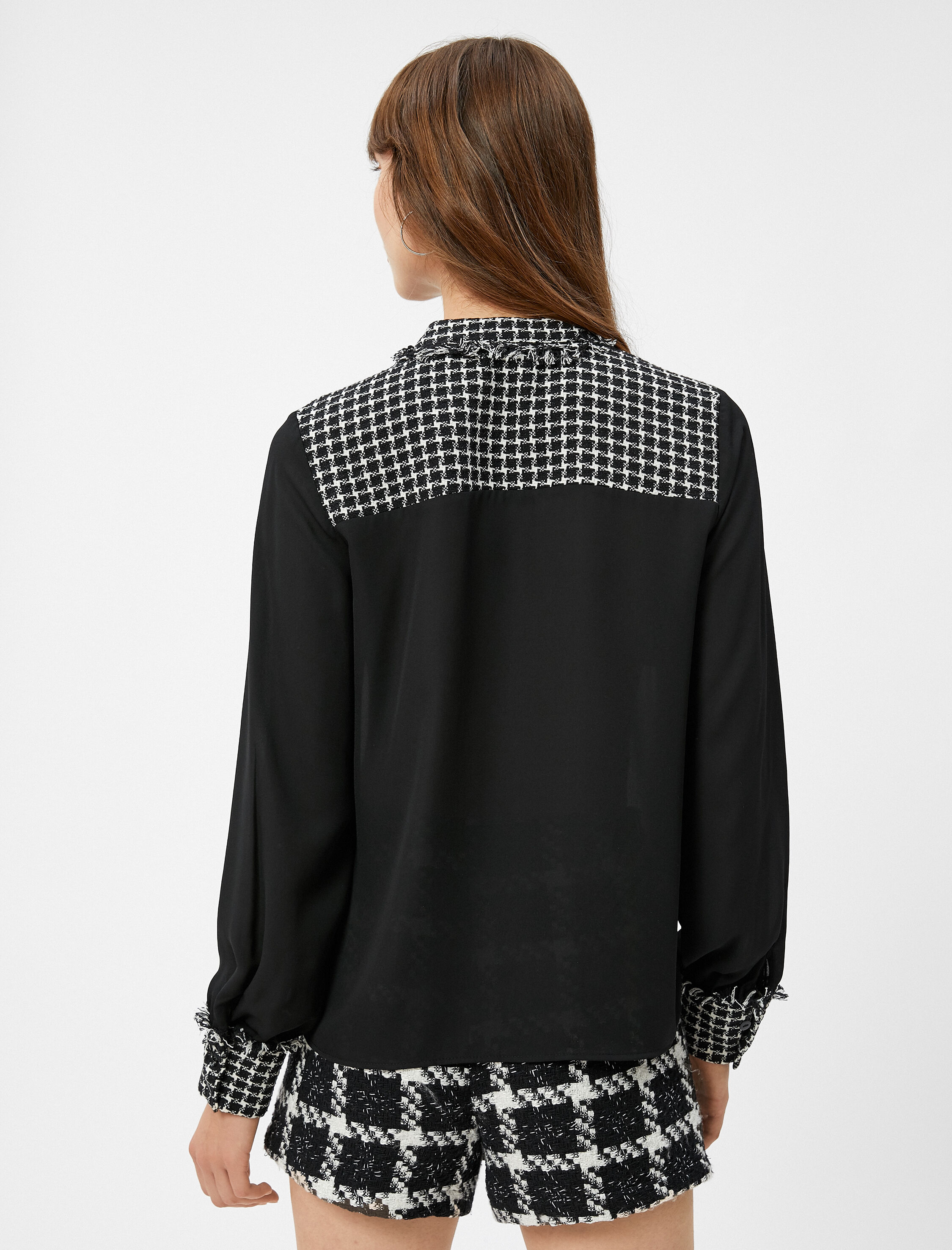   Şifon Gömlek Kazayağı Desenli Tüvit Cep Detaylı Uzun Kollu Düğmeli