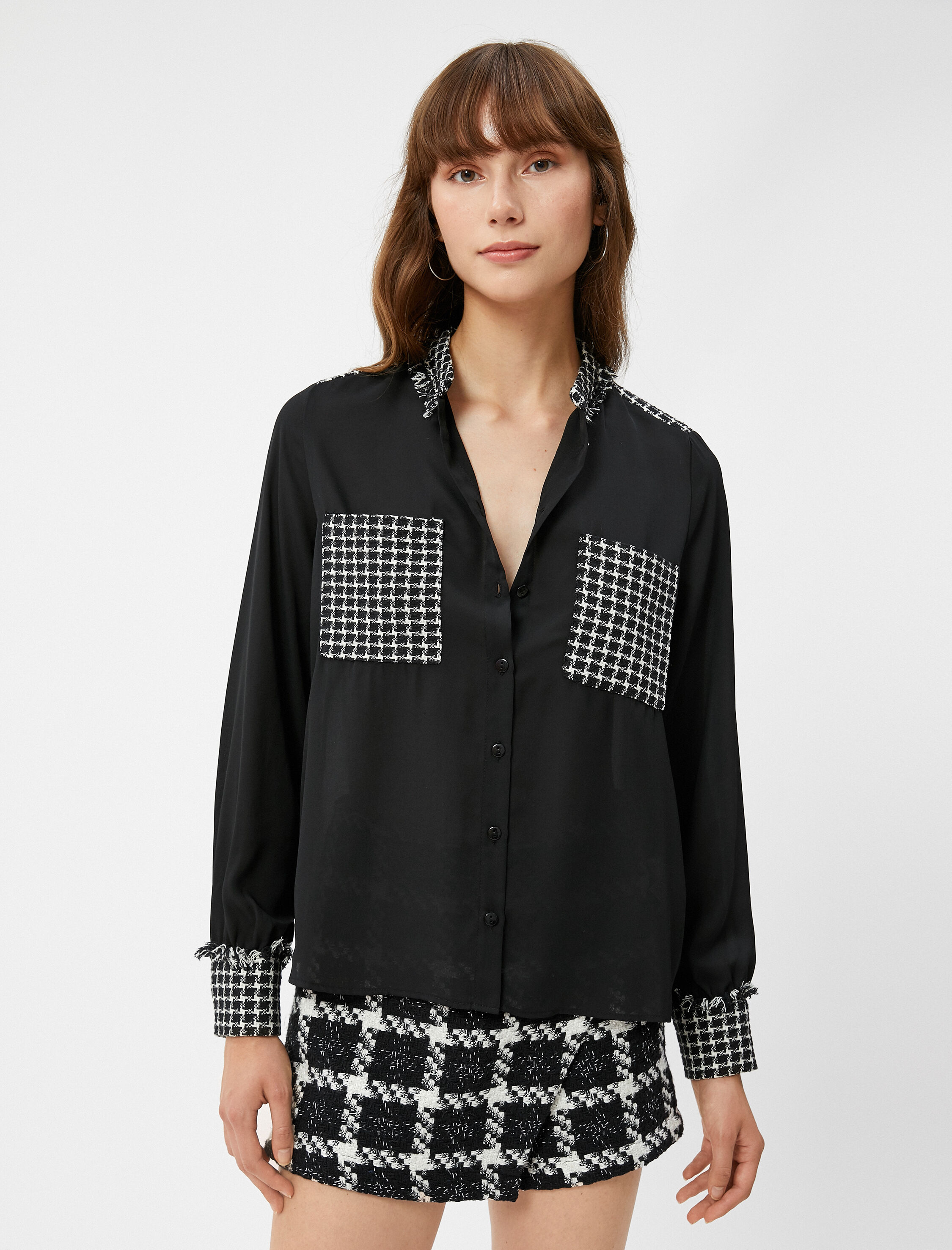   Şifon Gömlek Kazayağı Desenli Tüvit Cep Detaylı Uzun Kollu Düğmeli