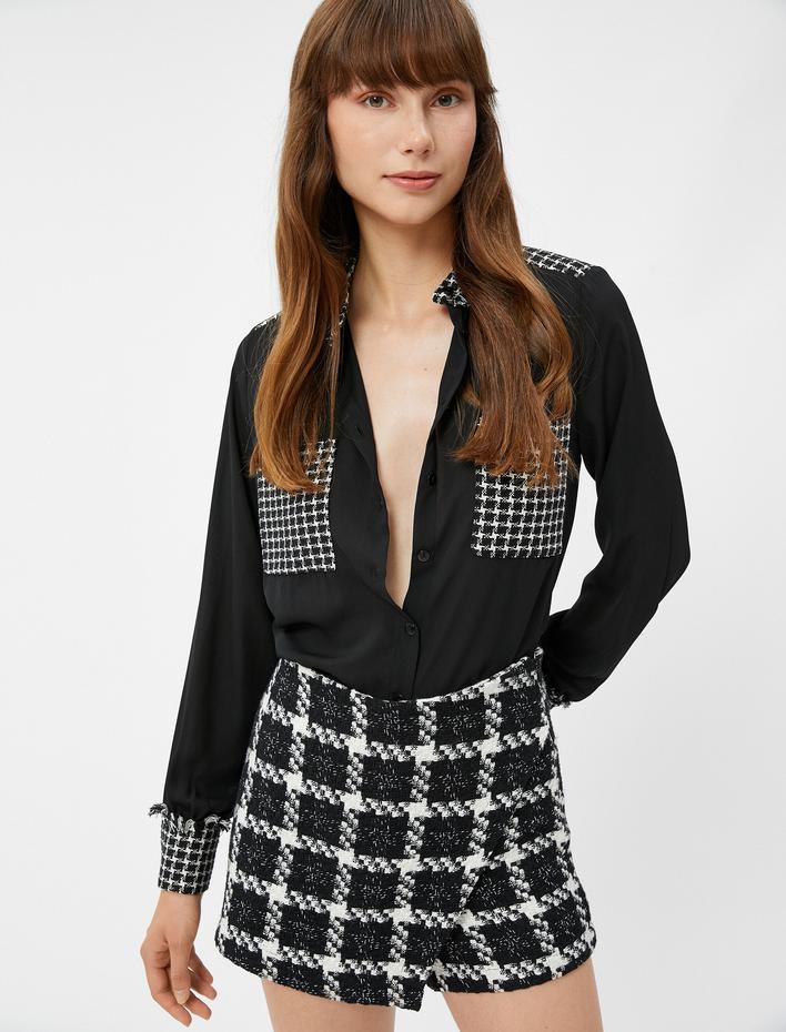  Şifon Gömlek Kazayağı Desenli Tüvit Cep Detaylı Uzun Kollu Düğmeli