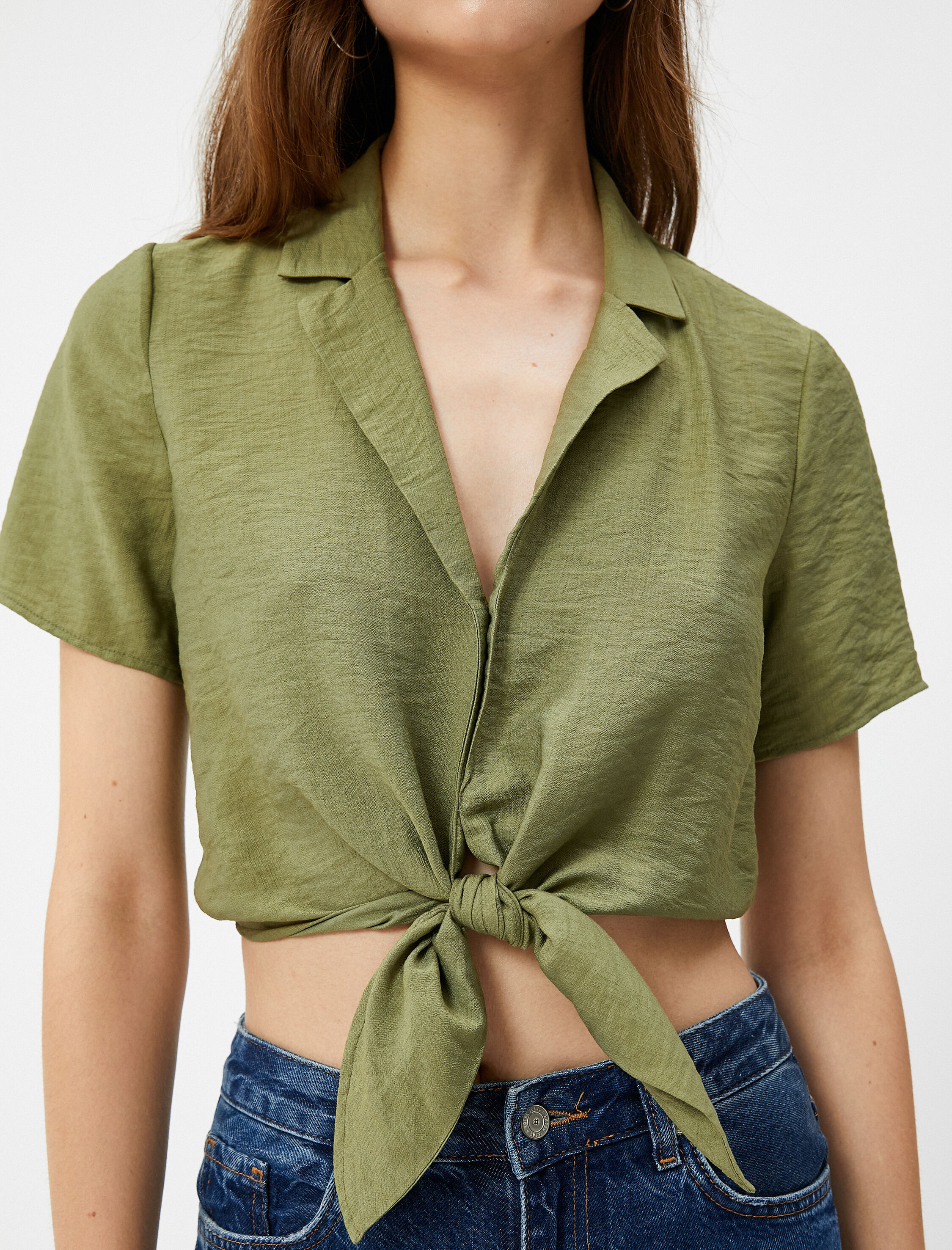   Crop Gömlek Önden Bağlamalı Düğmeli Kısa Kollu Viskon Karışımlı