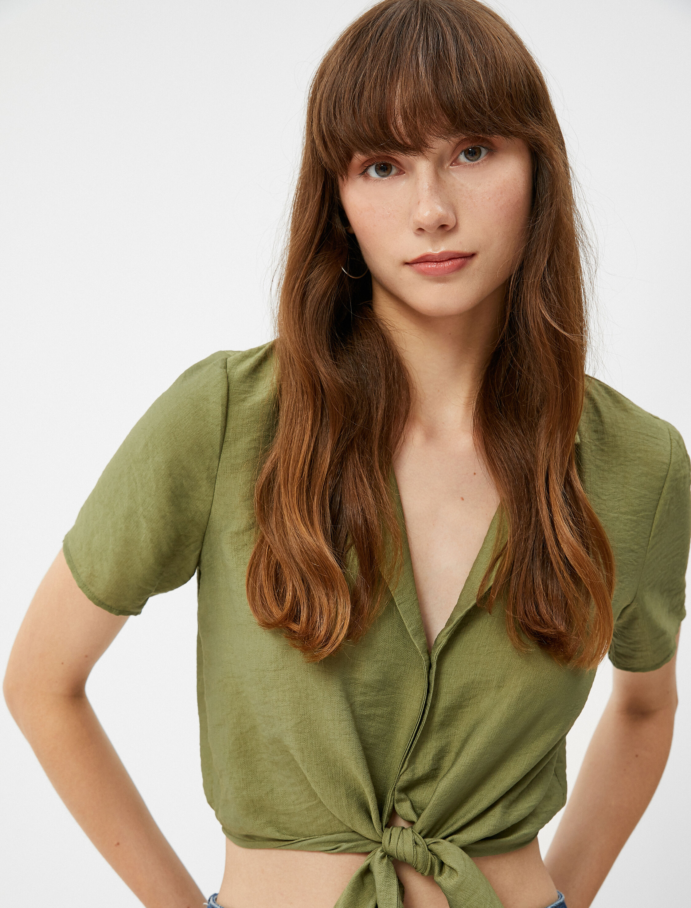   Crop Gömlek Önden Bağlamalı Düğmeli Kısa Kollu Viskon Karışımlı