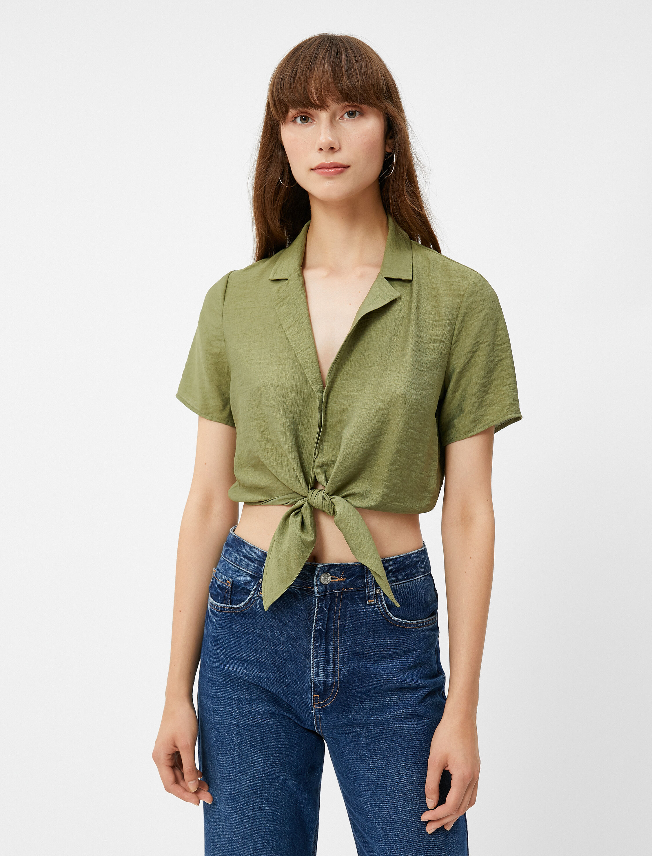   Crop Gömlek Önden Bağlamalı Düğmeli Kısa Kollu Viskon Karışımlı