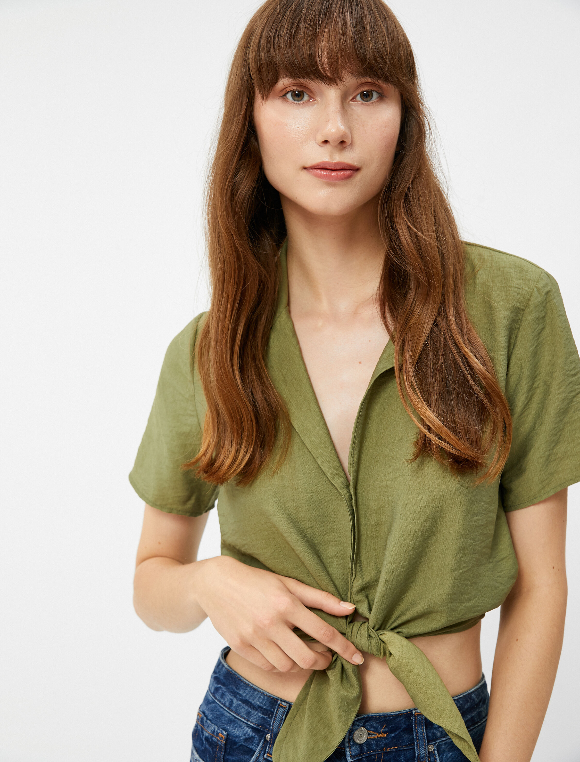   Crop Gömlek Önden Bağlamalı Düğmeli Kısa Kollu Viskon Karışımlı