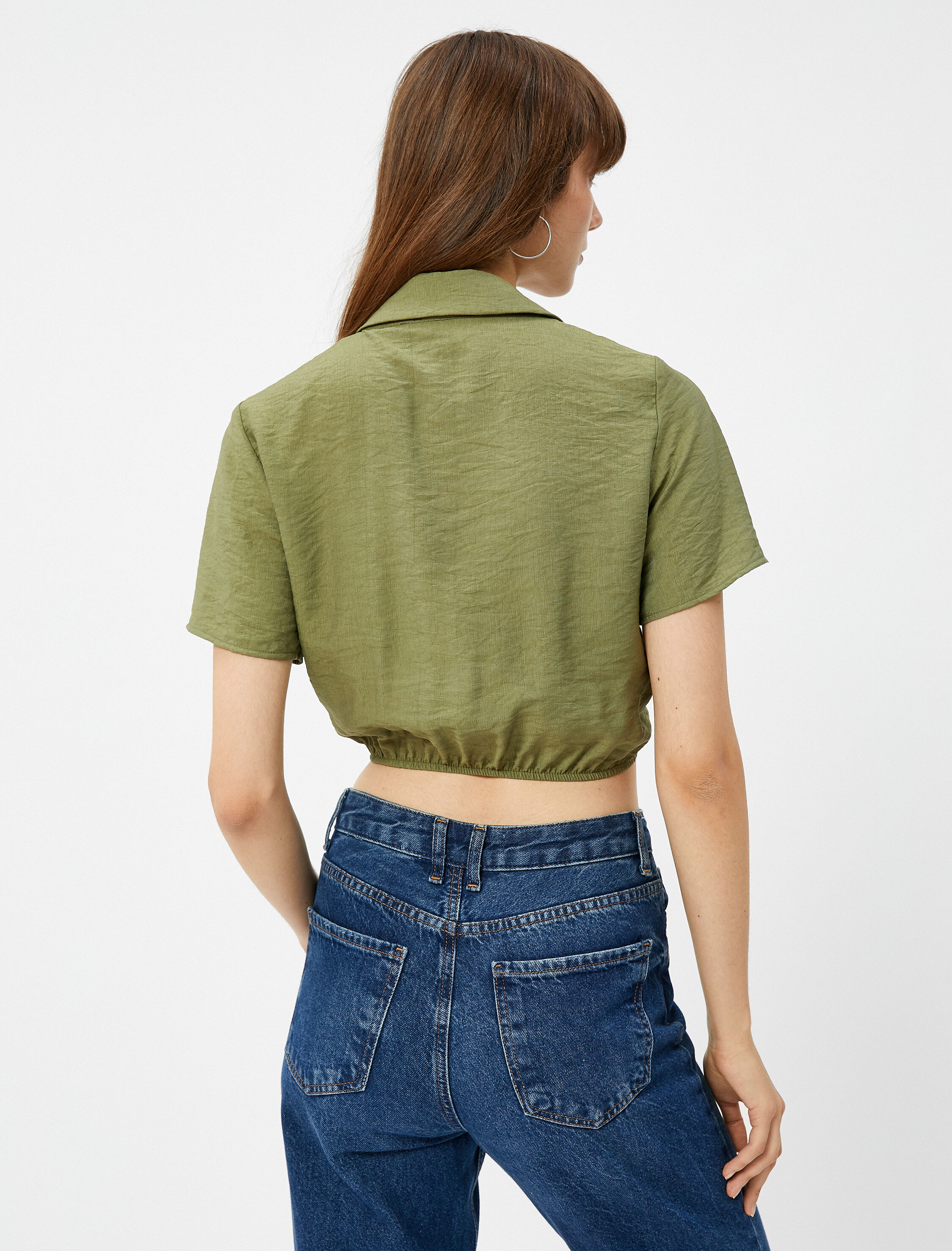   Crop Gömlek Önden Bağlamalı Düğmeli Kısa Kollu Viskon Karışımlı