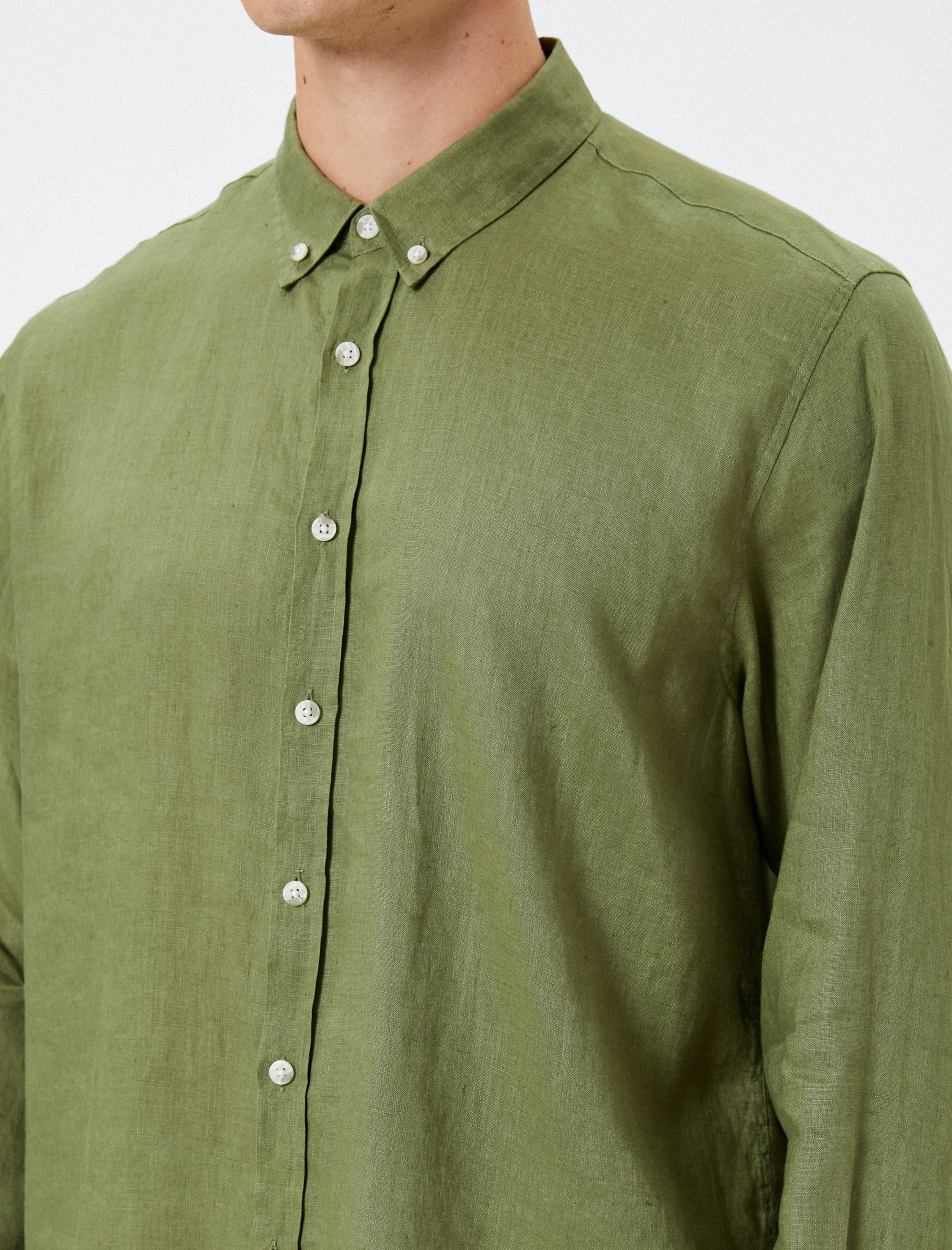 Keten Gömlek Klasik Yaka Düğmeli Uzun Kollu