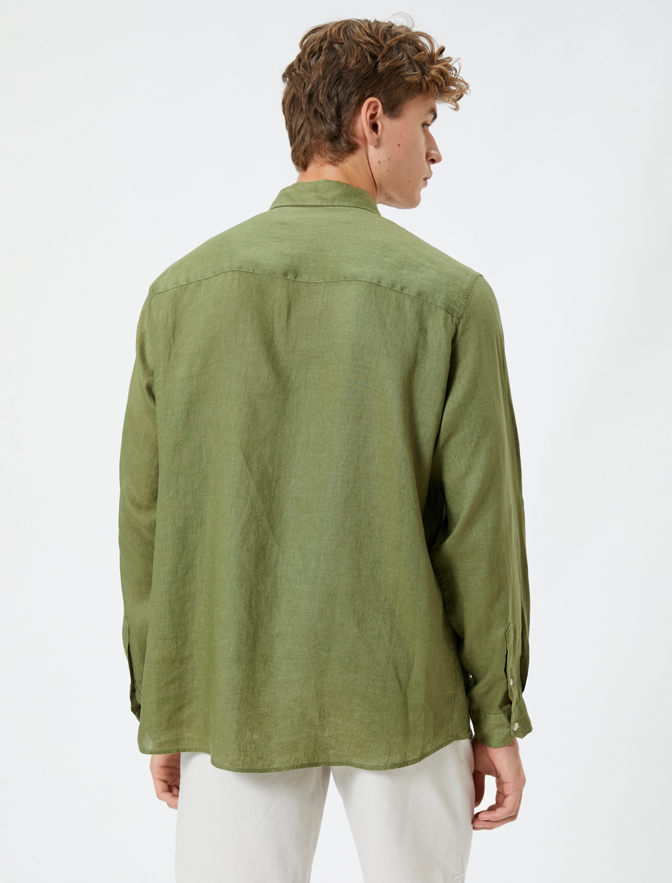 Keten Gömlek Klasik Yaka Düğmeli Uzun Kollu