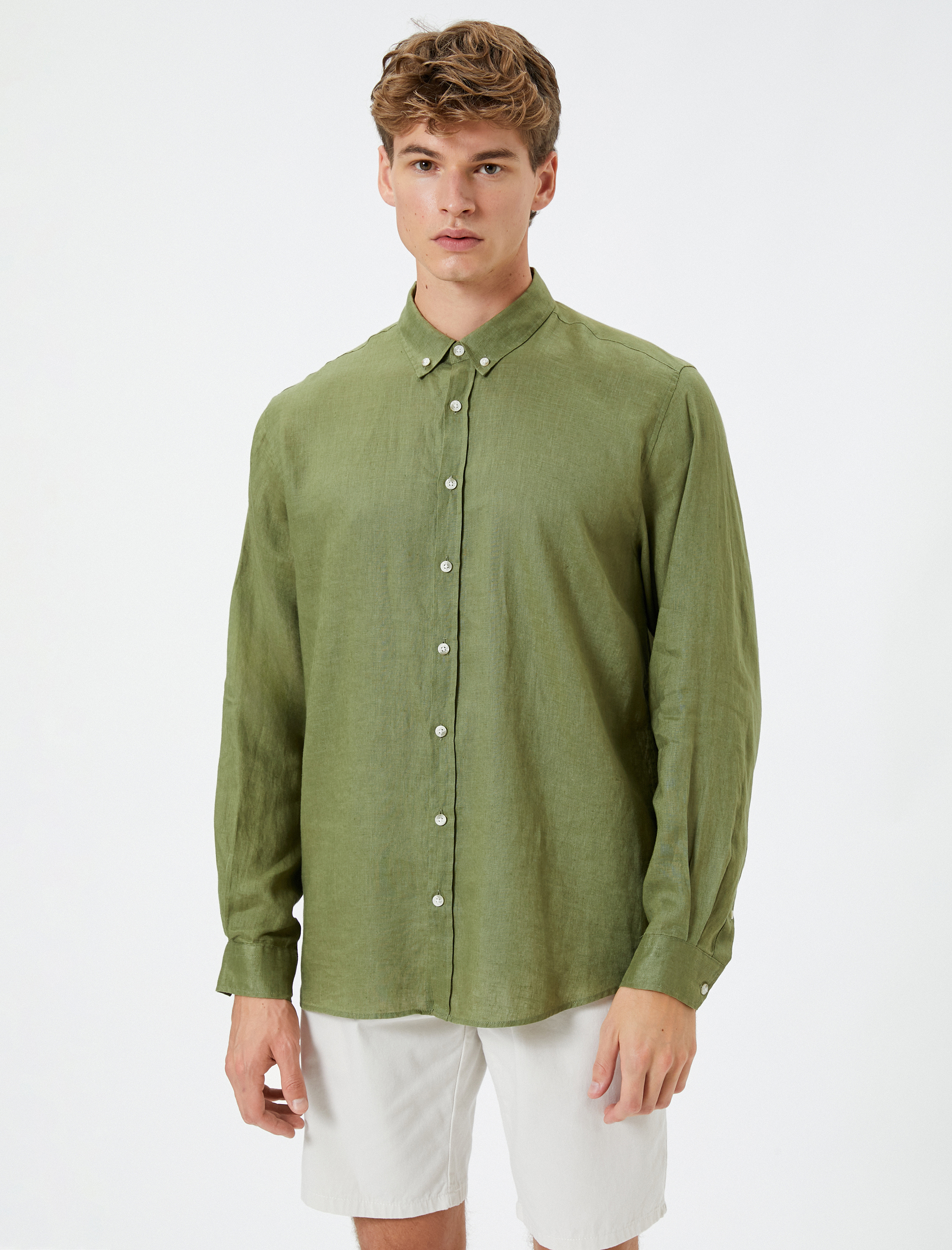 Keten Gömlek Klasik Yaka Düğmeli Uzun Kollu
