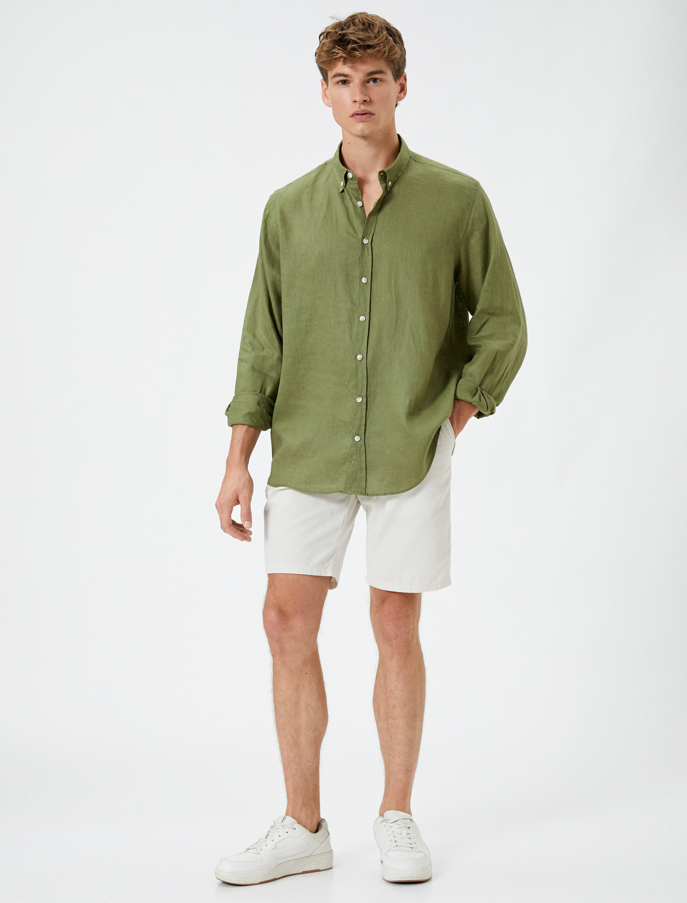 Keten Gömlek Klasik Yaka Düğmeli Uzun Kollu