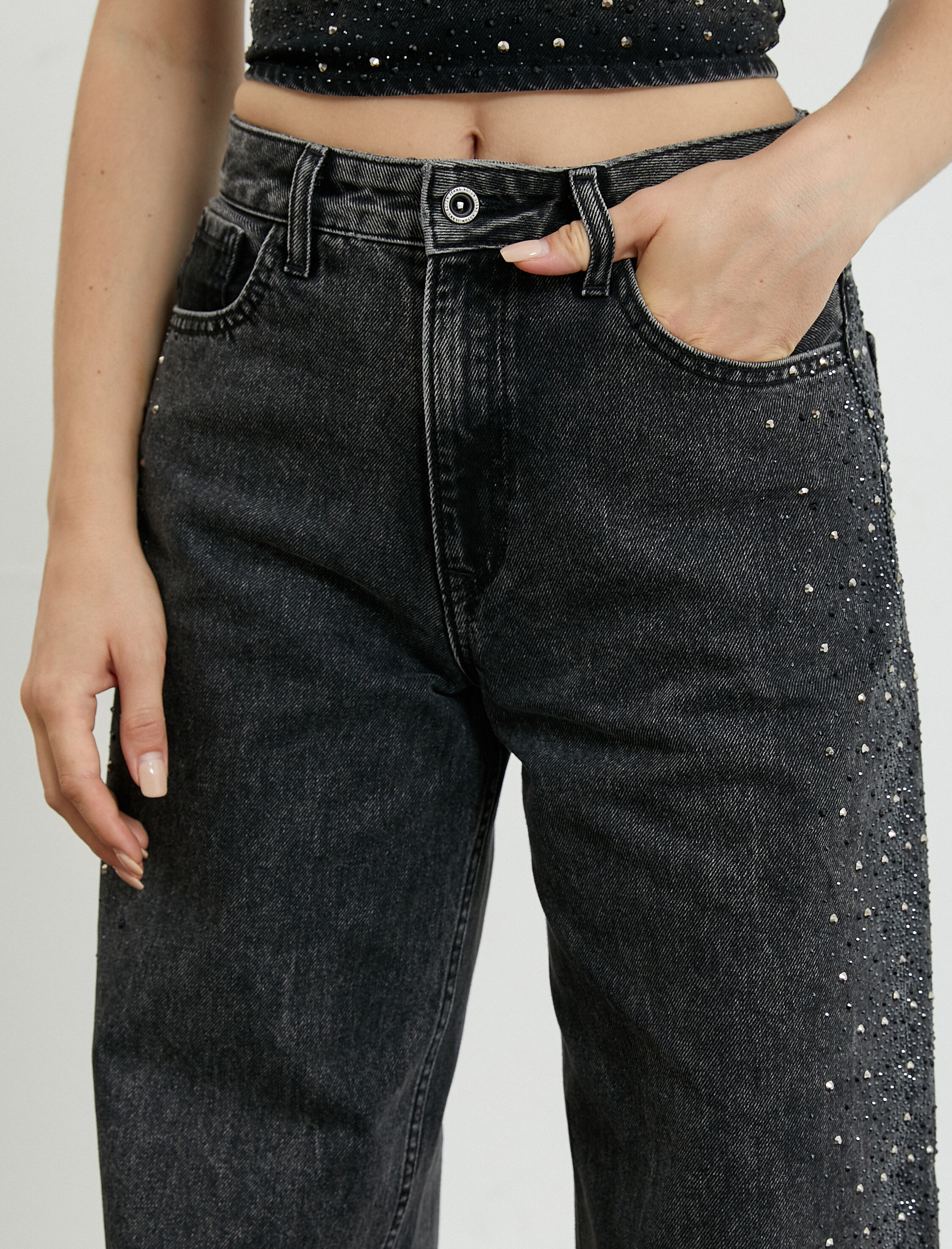   Ekstra Geniş Paça Kot Pantolon Taş İşlemeli - Bianca Jean