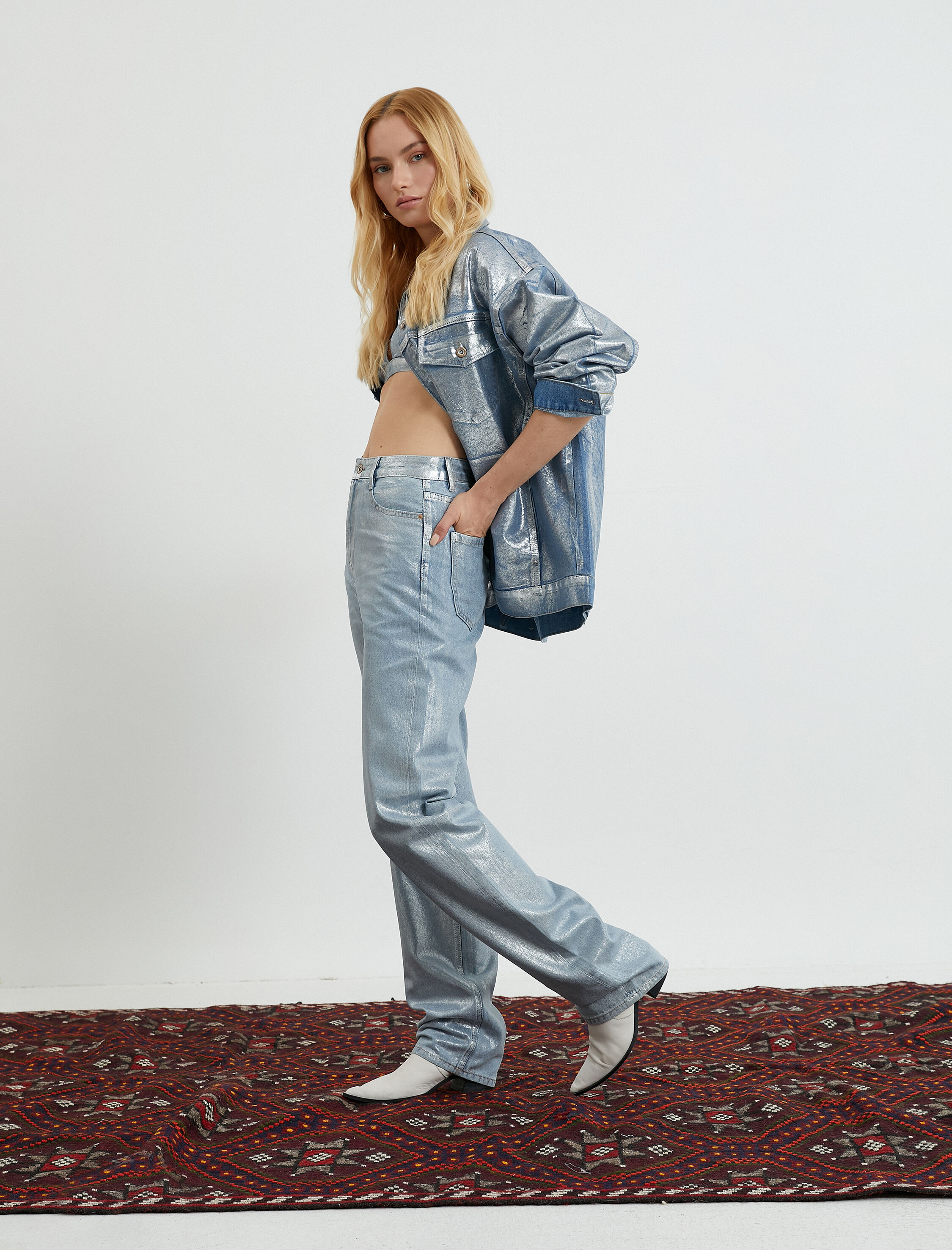   Metalik Parlak Straight Jean Kot Pantolon Yüksek Bel Düz Paça - Eve Jean