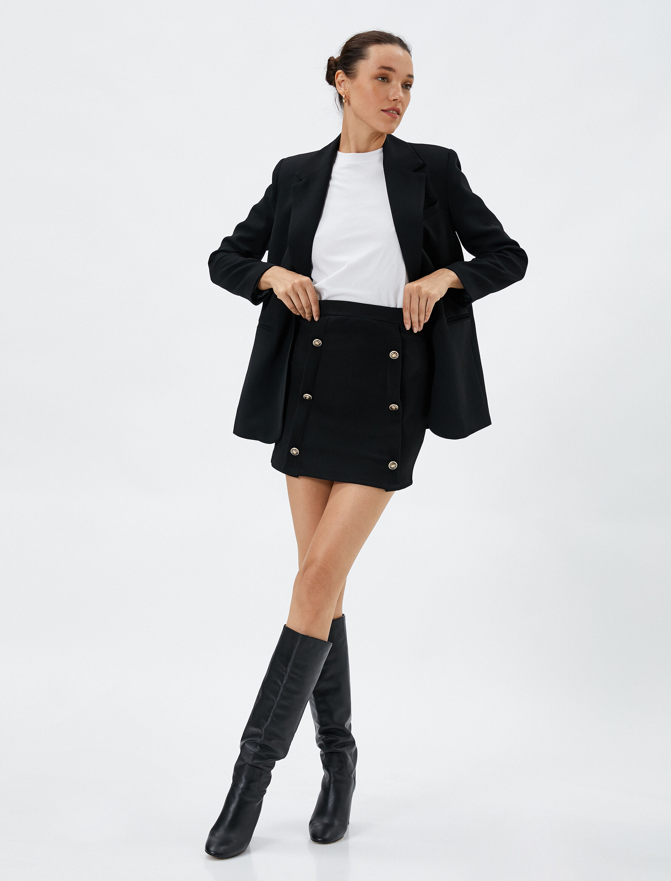 Mini Etek Gold Düğme Detaylı Normal Bel