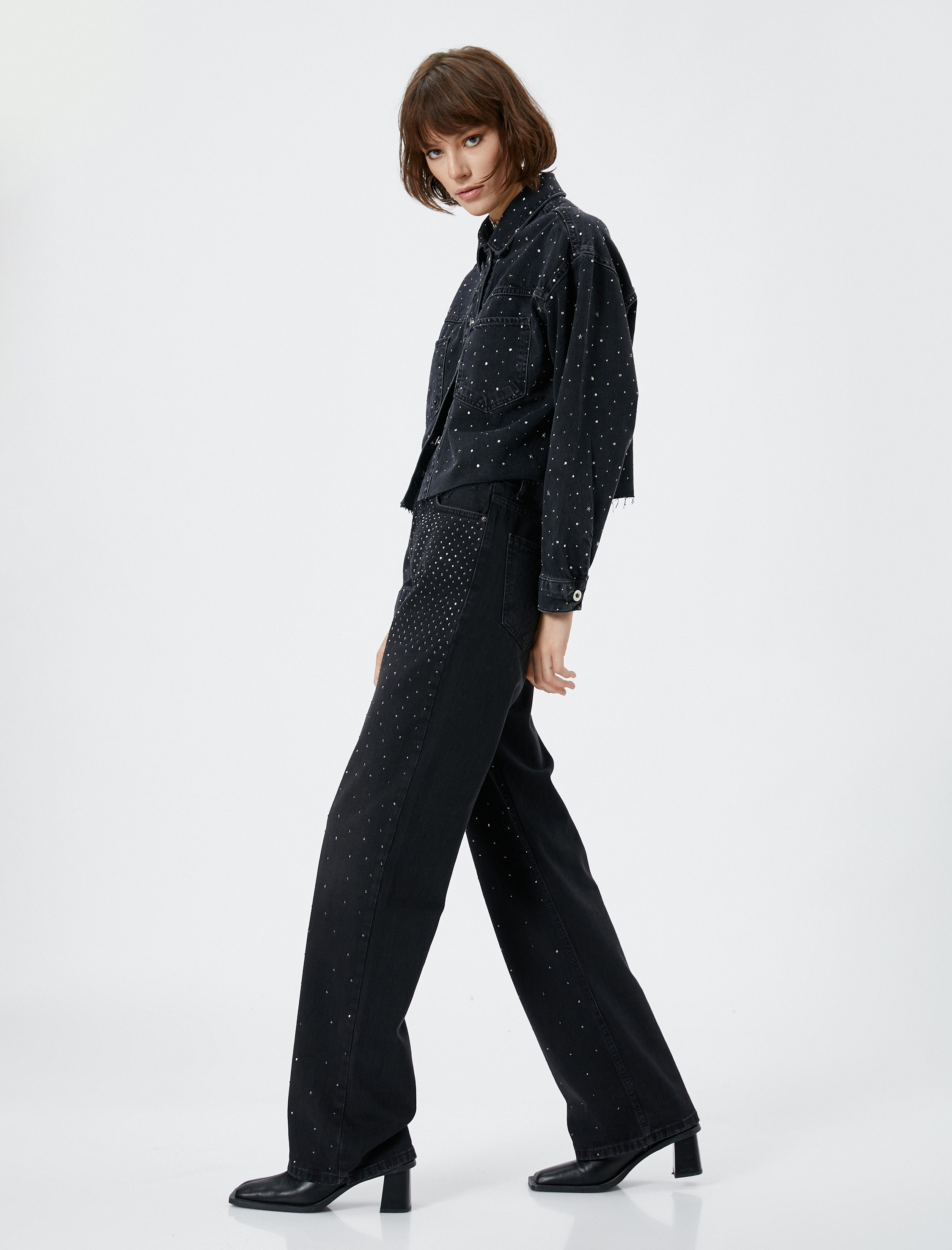 Taşlı Crop Kot Ceket