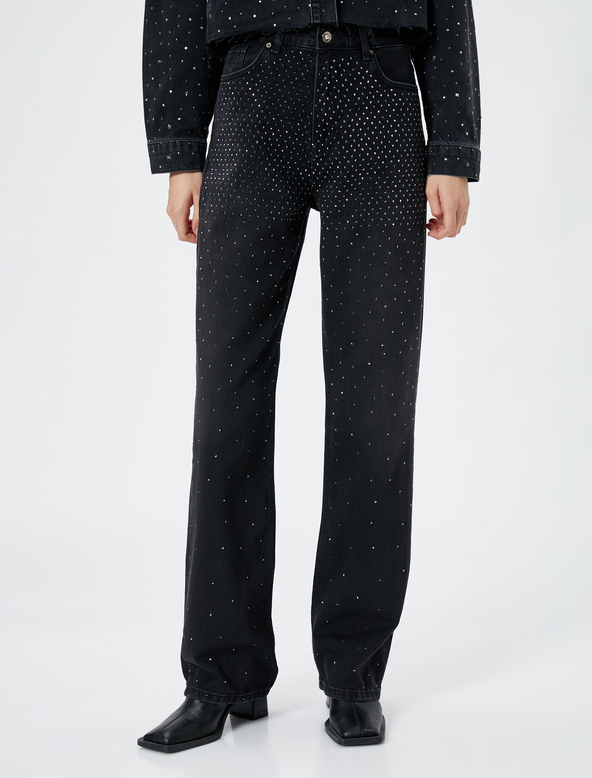   Taş İşlemeli Kot Pantolon Yüksek Bel - Nora Jeans