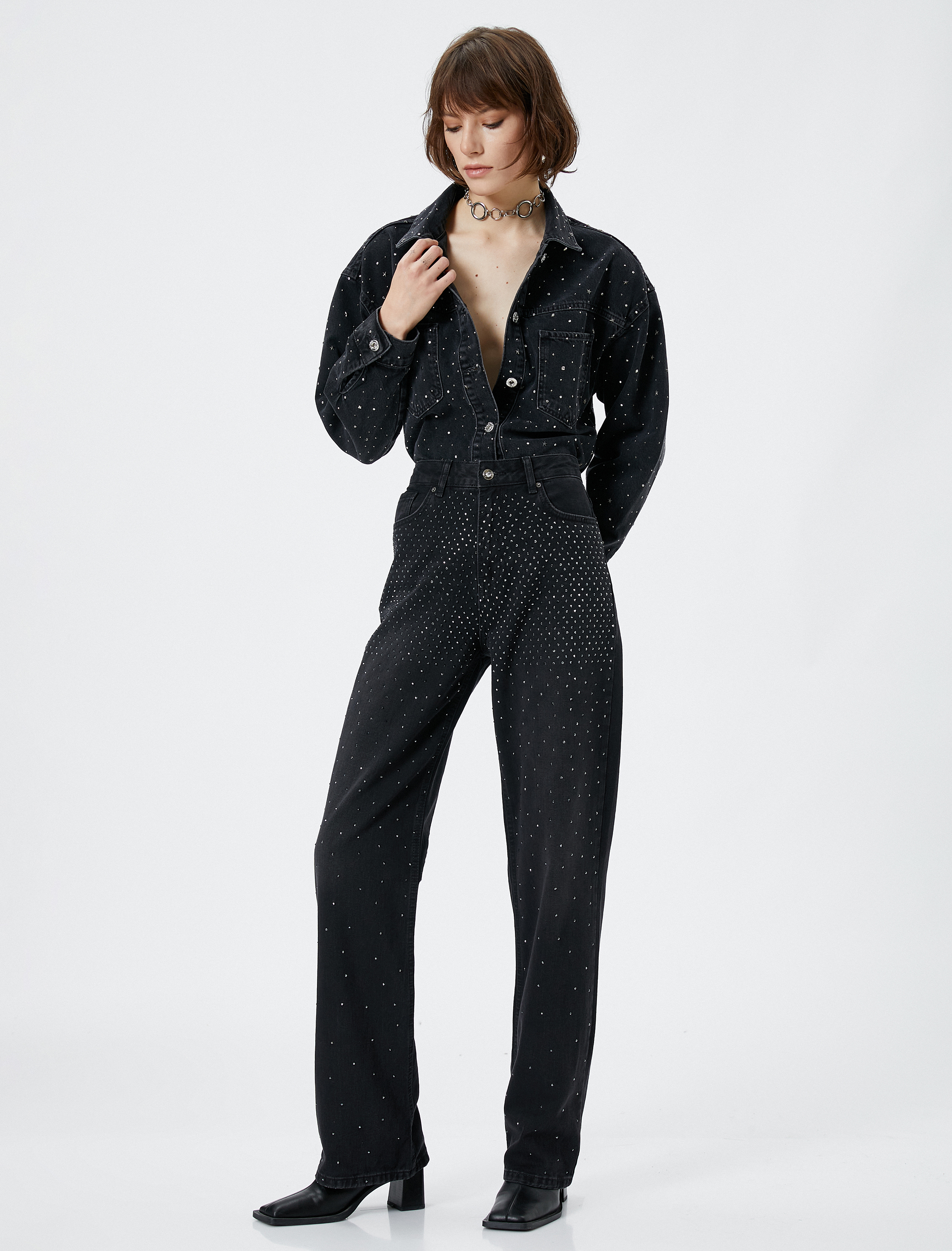   Taş İşlemeli Kot Pantolon Yüksek Bel - Nora Jeans