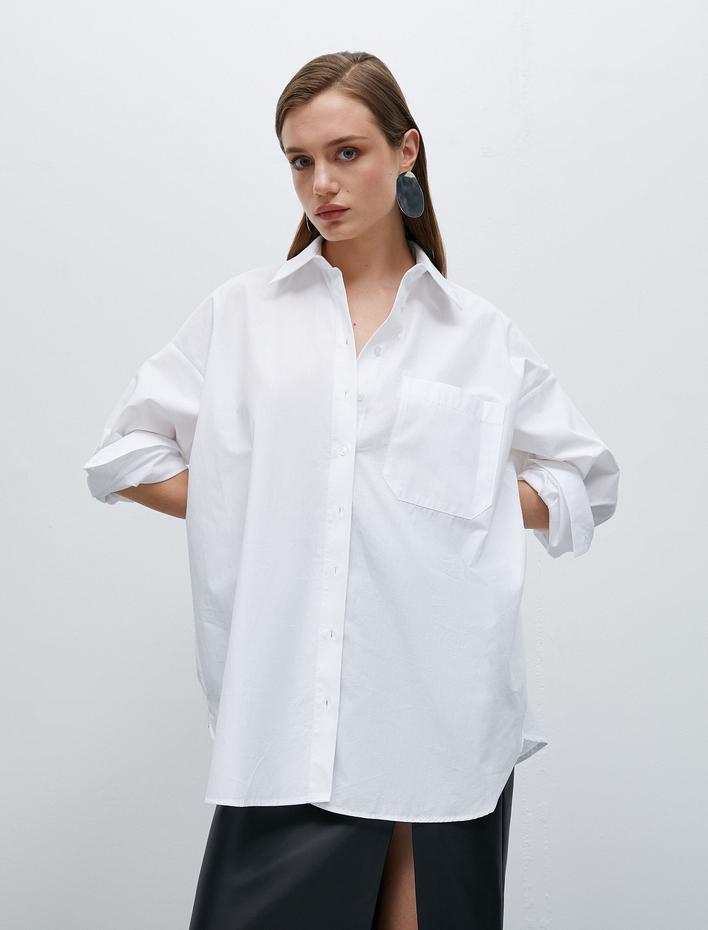  Pamuklu Oversize Gömlek Cep Detaylı