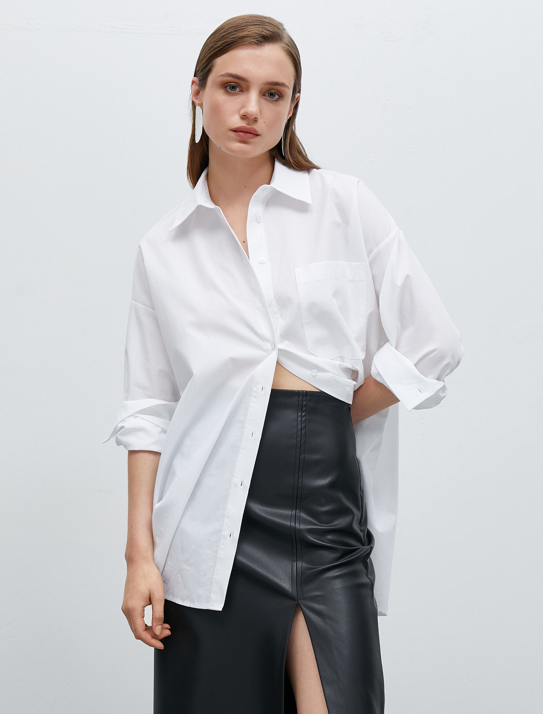   Pamuklu Oversize Gömlek Cep Detaylı