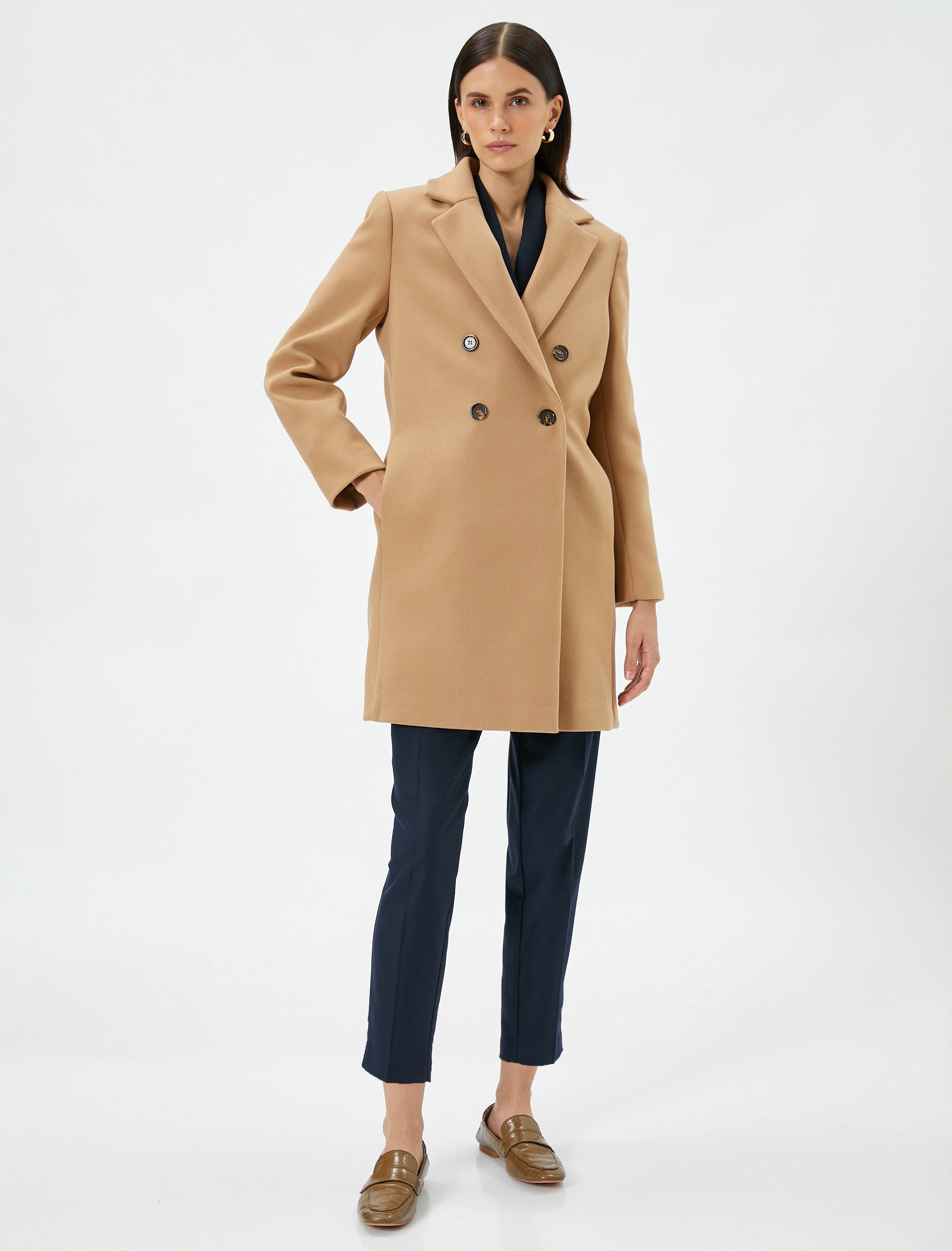   Kaşe Kaban Kruvaze Düğmeli Cep Detaylı Astarlı